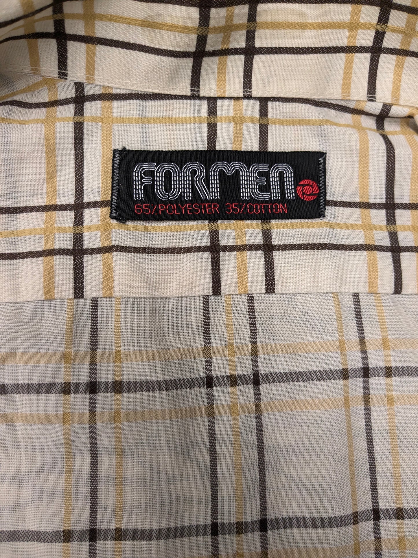 Vintage 70's For Men overhemd met puntkraag. Beige Bruin geruit. Maat L.