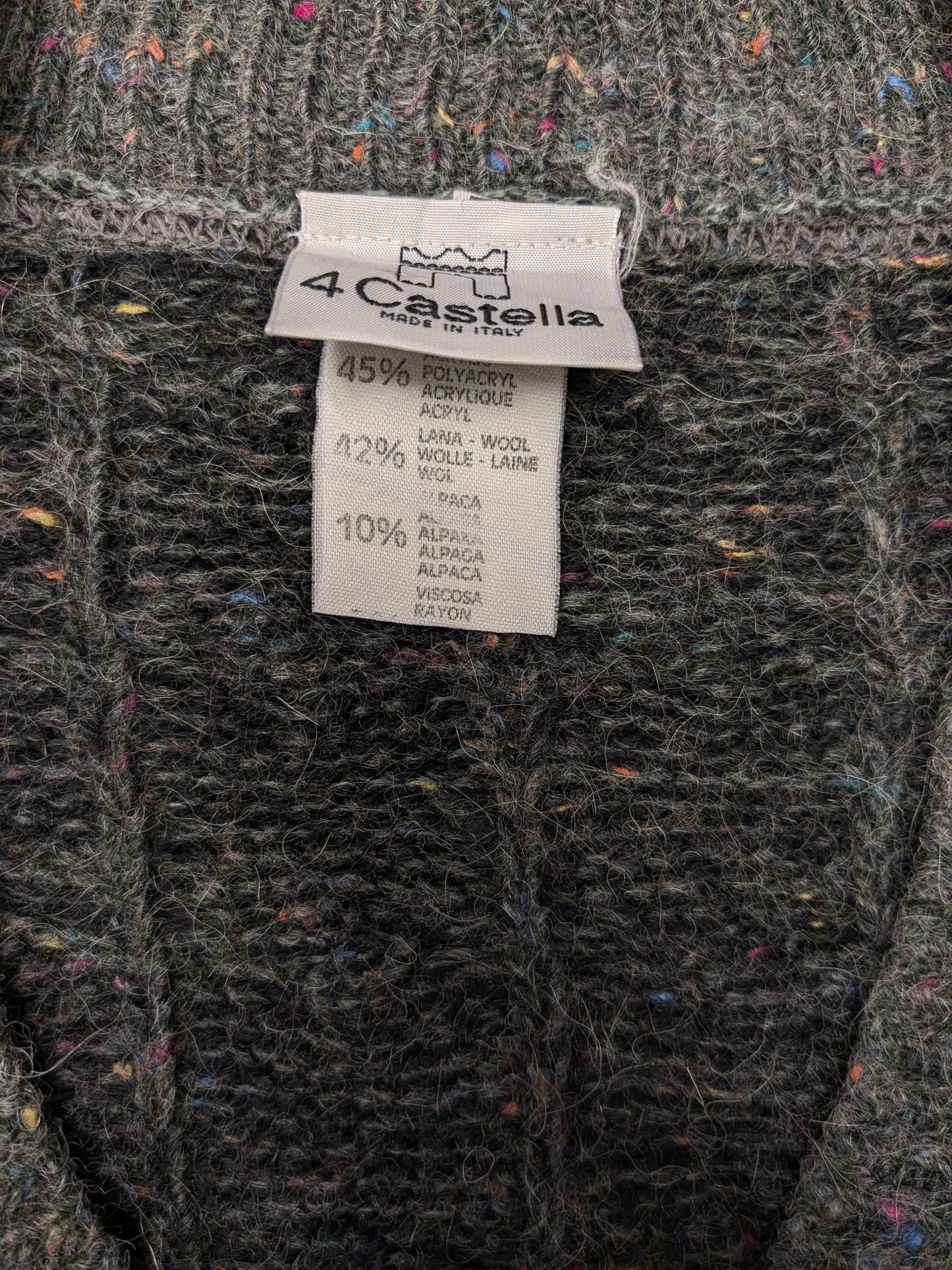 Vintage Castella Alpaca / Wollen trui met V-Hals. Grijs Gekleurde spikkels gemêleerd. Maat XL. 4% Wol en 10% Alpaca Wol.