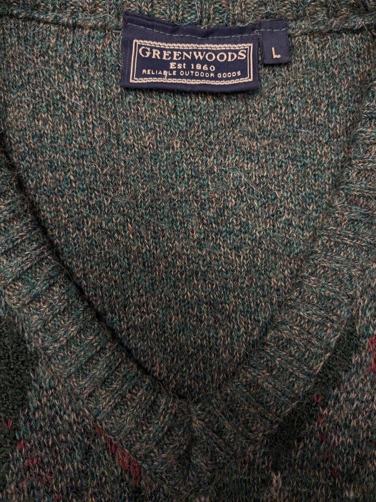 Greenwoods Alpaca / Wollen trui met V-Hals. Groen met Argyle print. Maat L. 18% Wol en 9% Alpaca Wol.