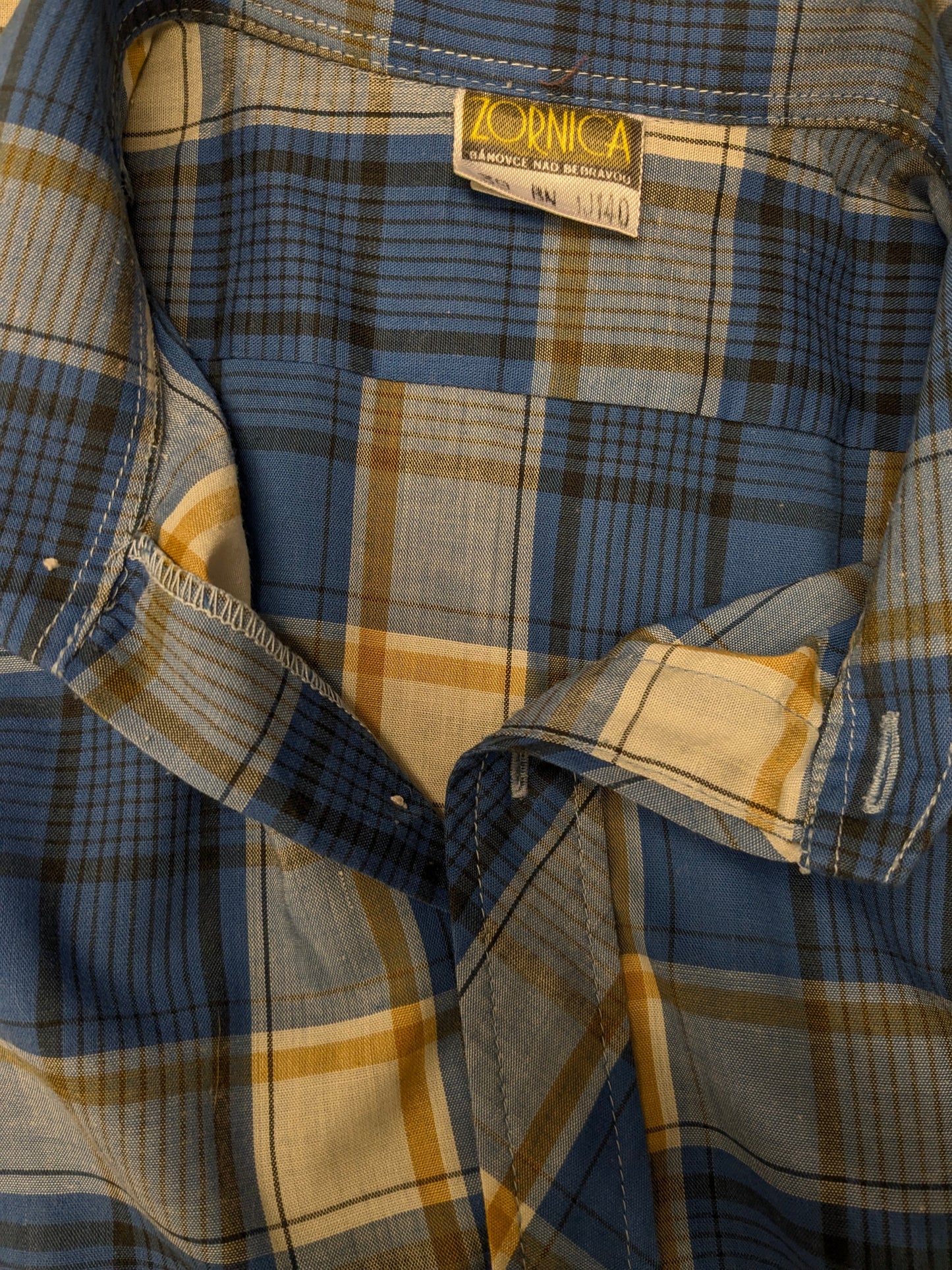 Vintage 70's Zornica overhemd korte mouw. Geel Blauw Zwart geruit. Maat L.