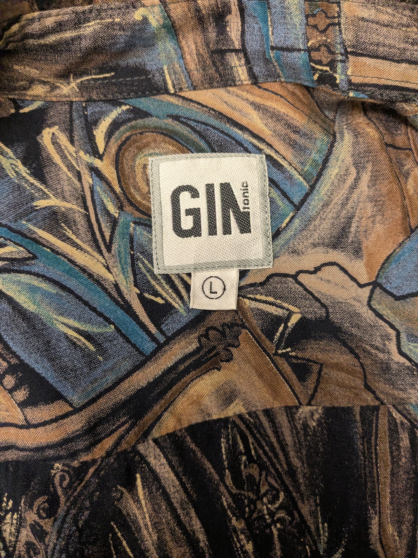 Camisa Gin Tonic vintage años 80/90. Estampado marrón azul amarillo. Talla 2XL / XXL.