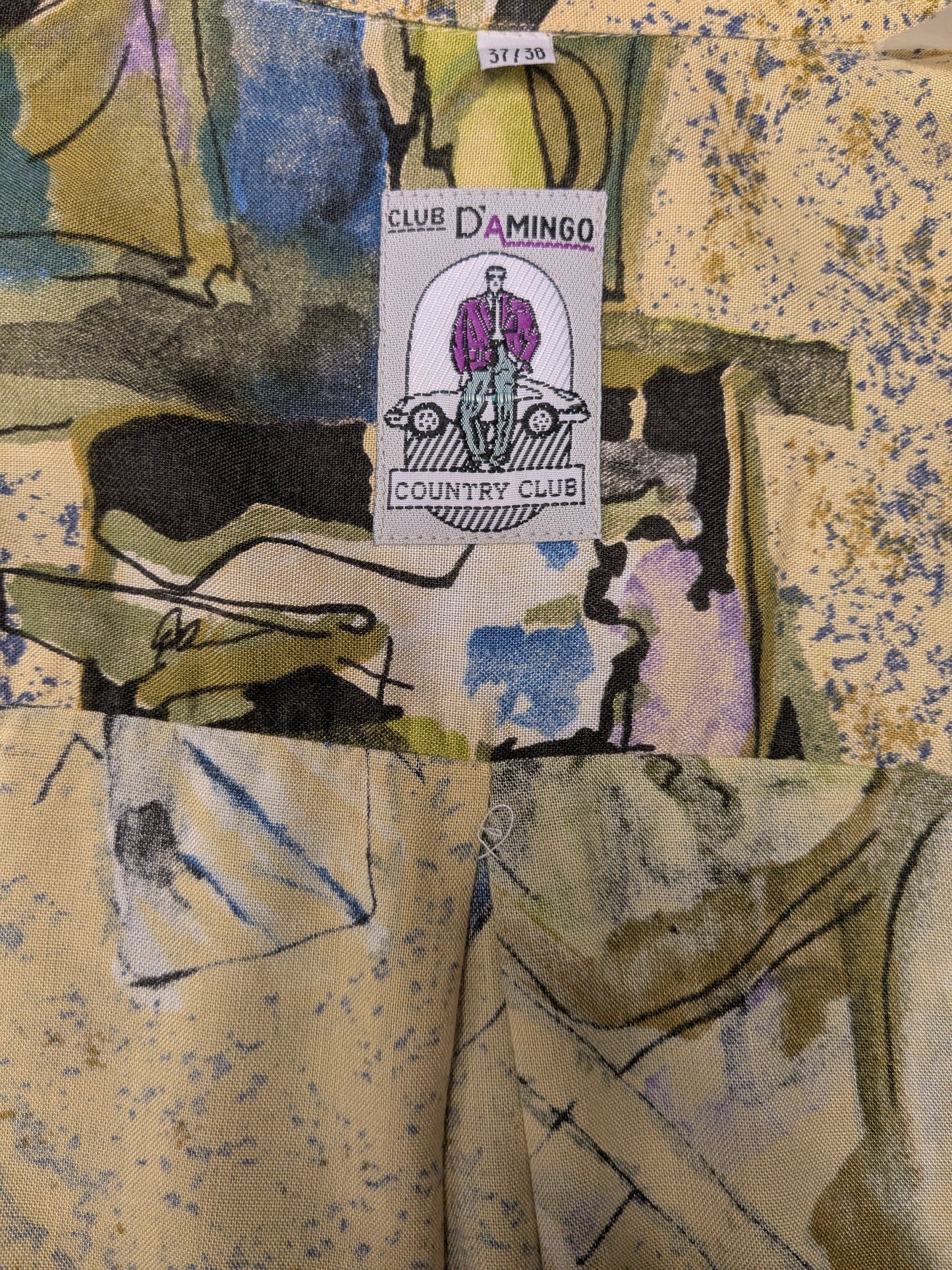 Vintage 80's / 90's Club d'Amingo overhemd. Geel Groen Paars Blauwe print. Maat L.