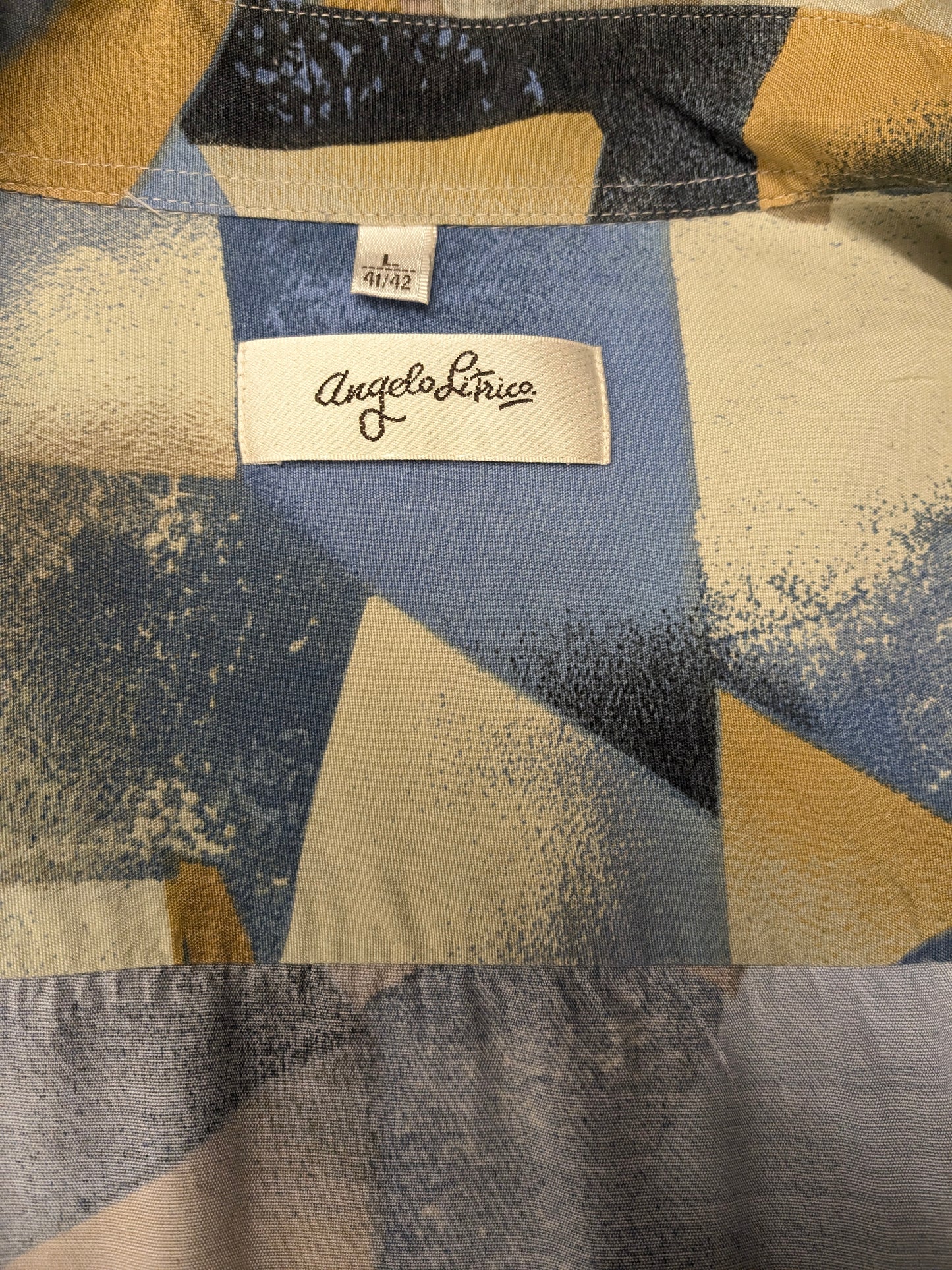 Vintage 80's / 90's Viscose Angelo Litrico overhemd. Blauw Gele print. Maat XL.