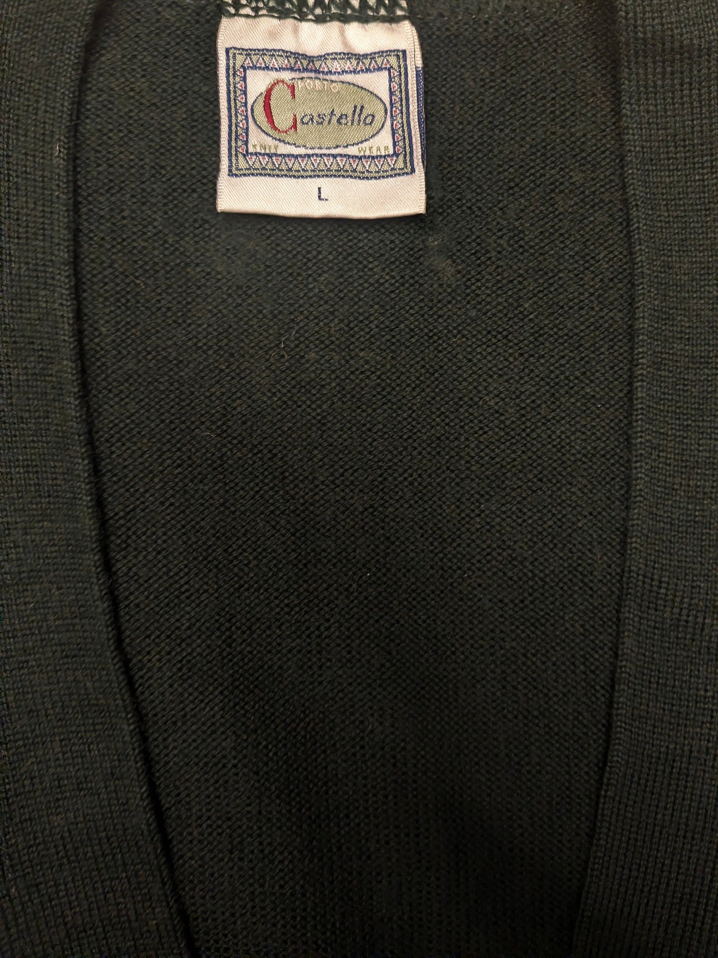 Vintage Castello Woolen Spencer / Cardigan mit schönen Knöpfen. Grüngrau gefärbt. Größe XL.