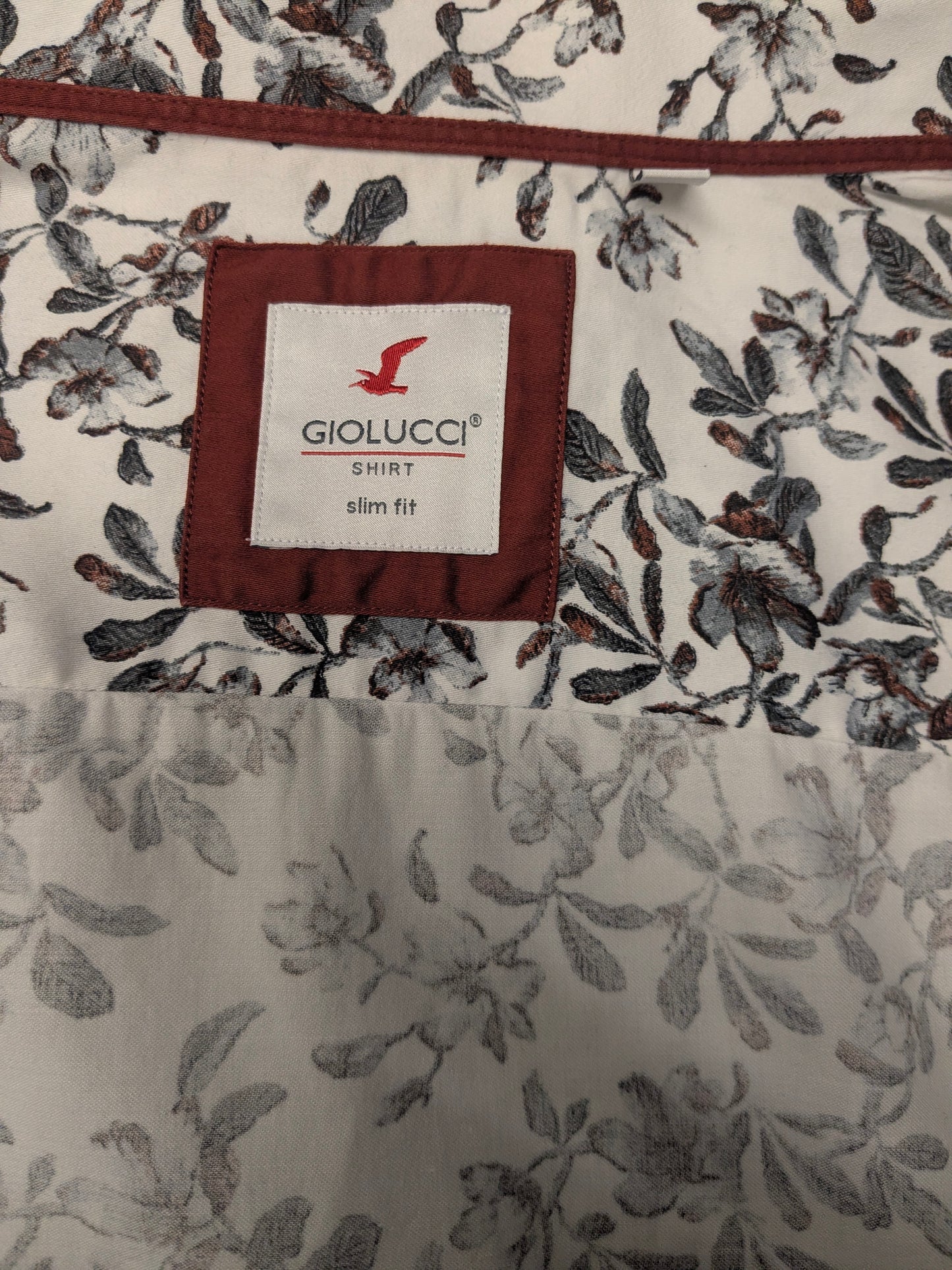 Giolucci overhemd. Grijs Bruin Witte Bloemen print. Maat XL. Slim Fit.