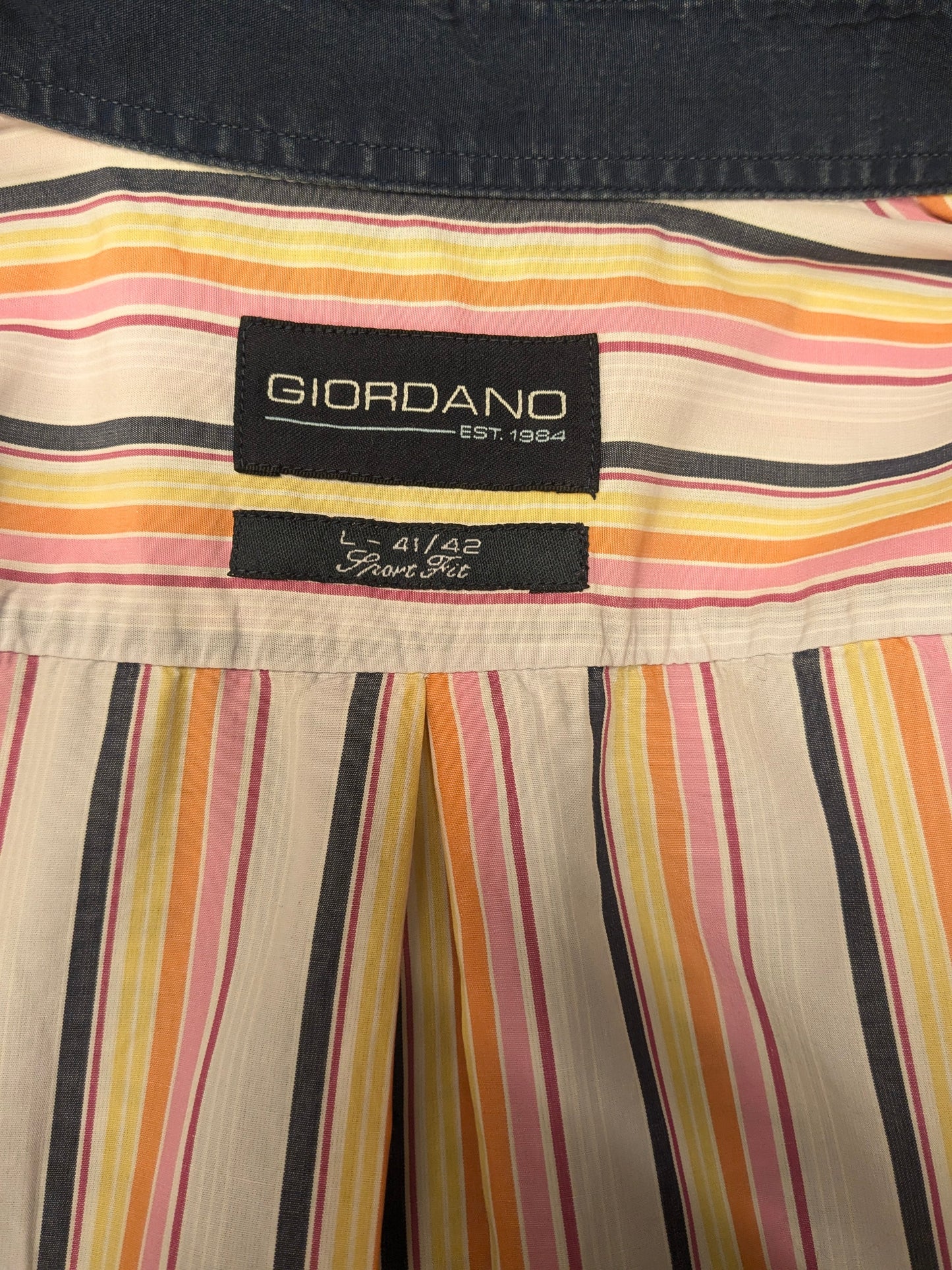 Giordano overhemd. Roze Geel Oranje Blauw gestreept. Maat XL.