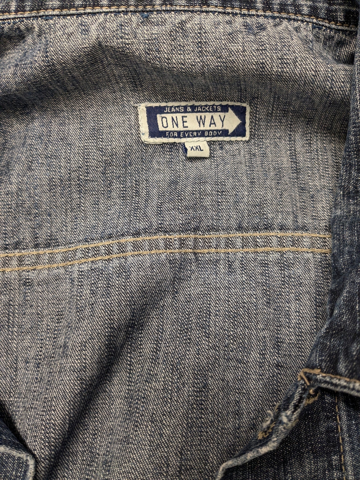 Vintage One Way jeans- spijker jack. Blauw gekleurd. Maat 2XL / XXL.