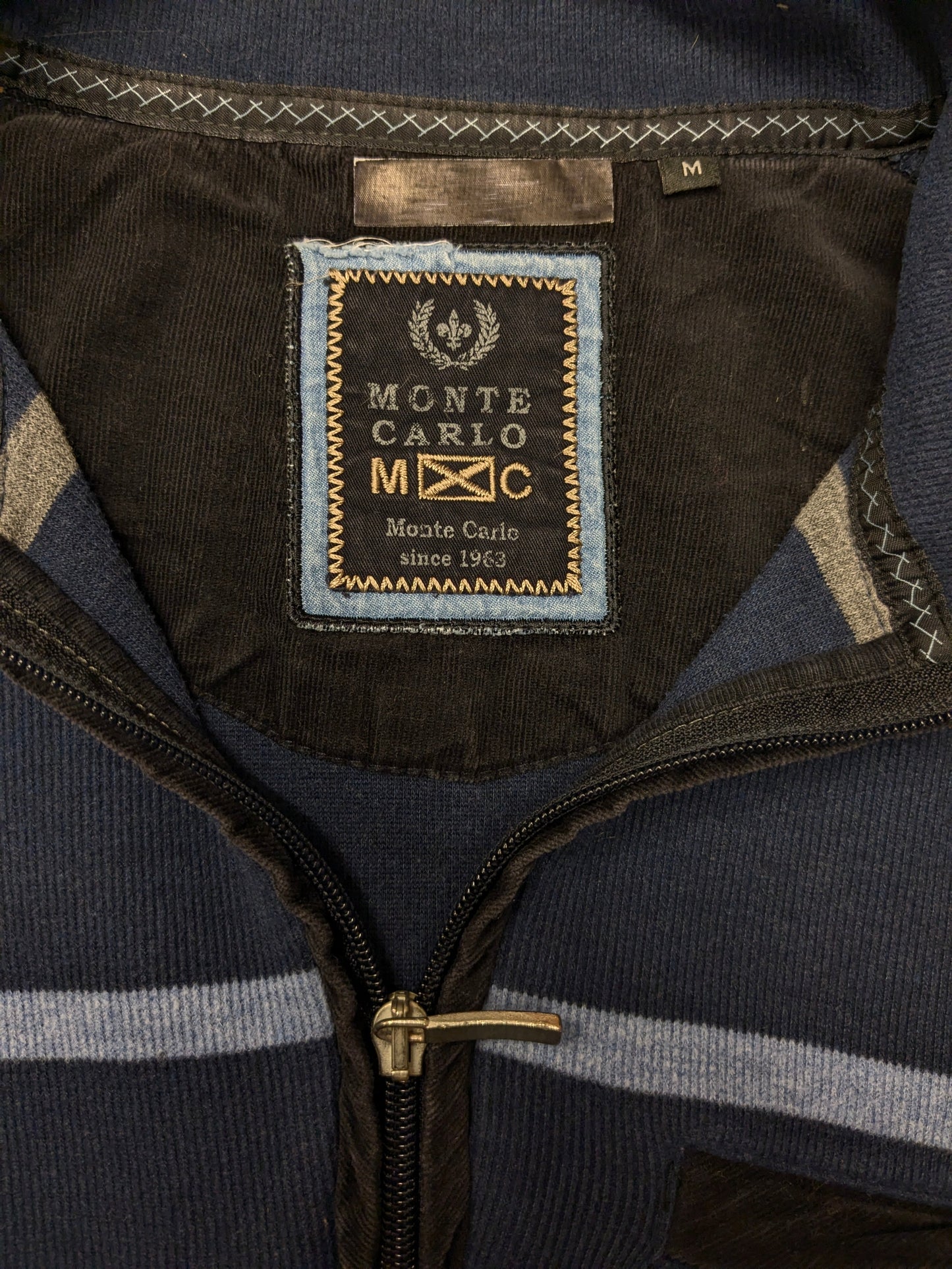 Monte Carlo trui met rits. Blauw Bruin Grijs gestreept. Maat M.