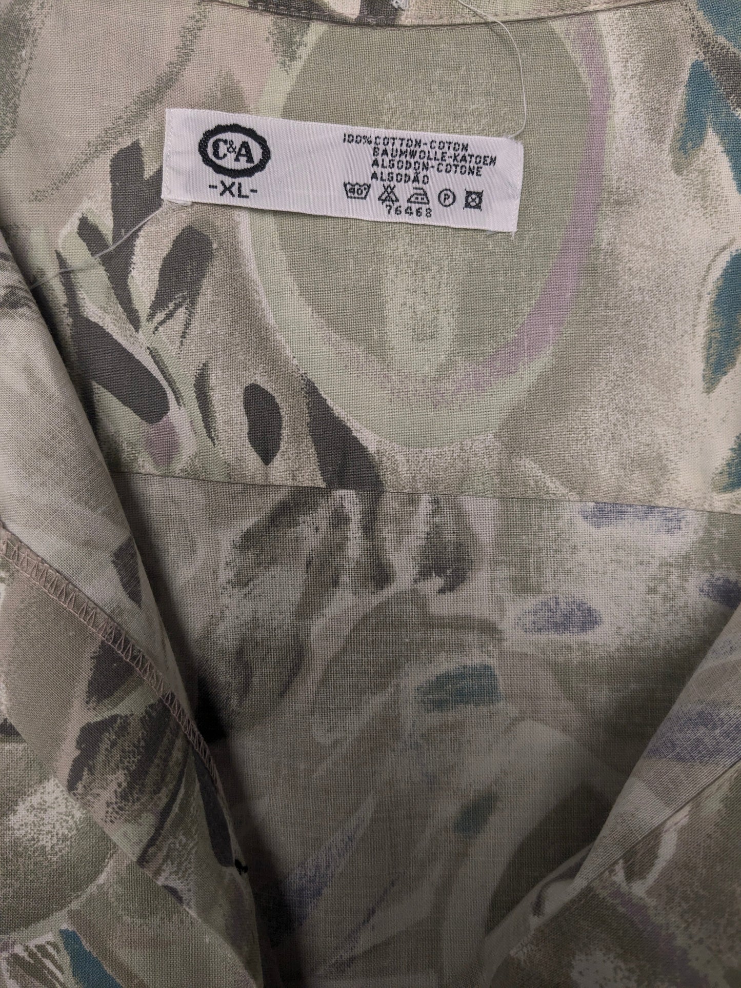 Vintage 80- 90's C&A overhemd korte mouw. Groen Paars Beige print. Maat XL.