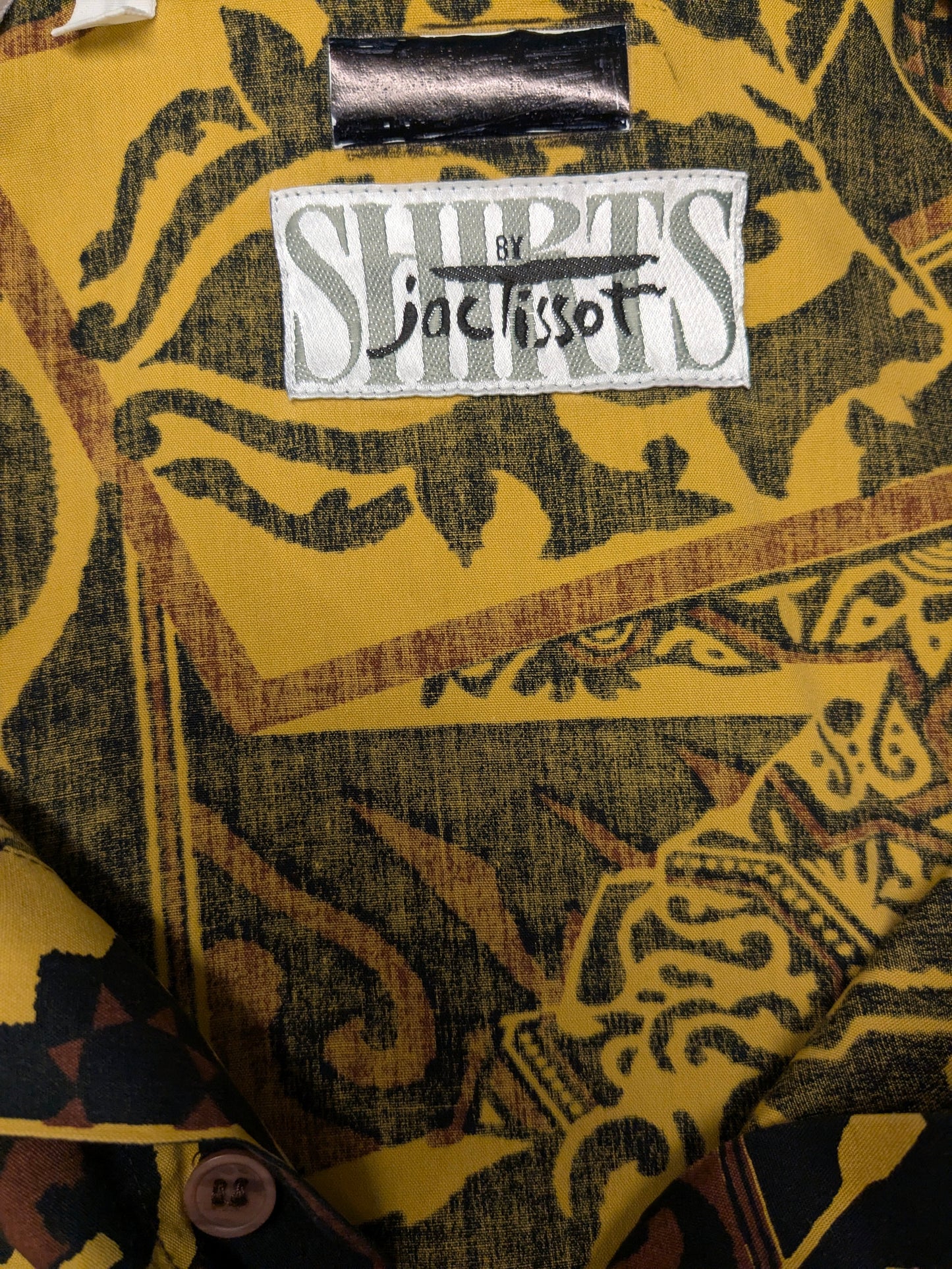 Vintage 80-90's shirts by Jac Tissot overhemd korte mouw. Bruin Zwart Gele print. Maat XL.