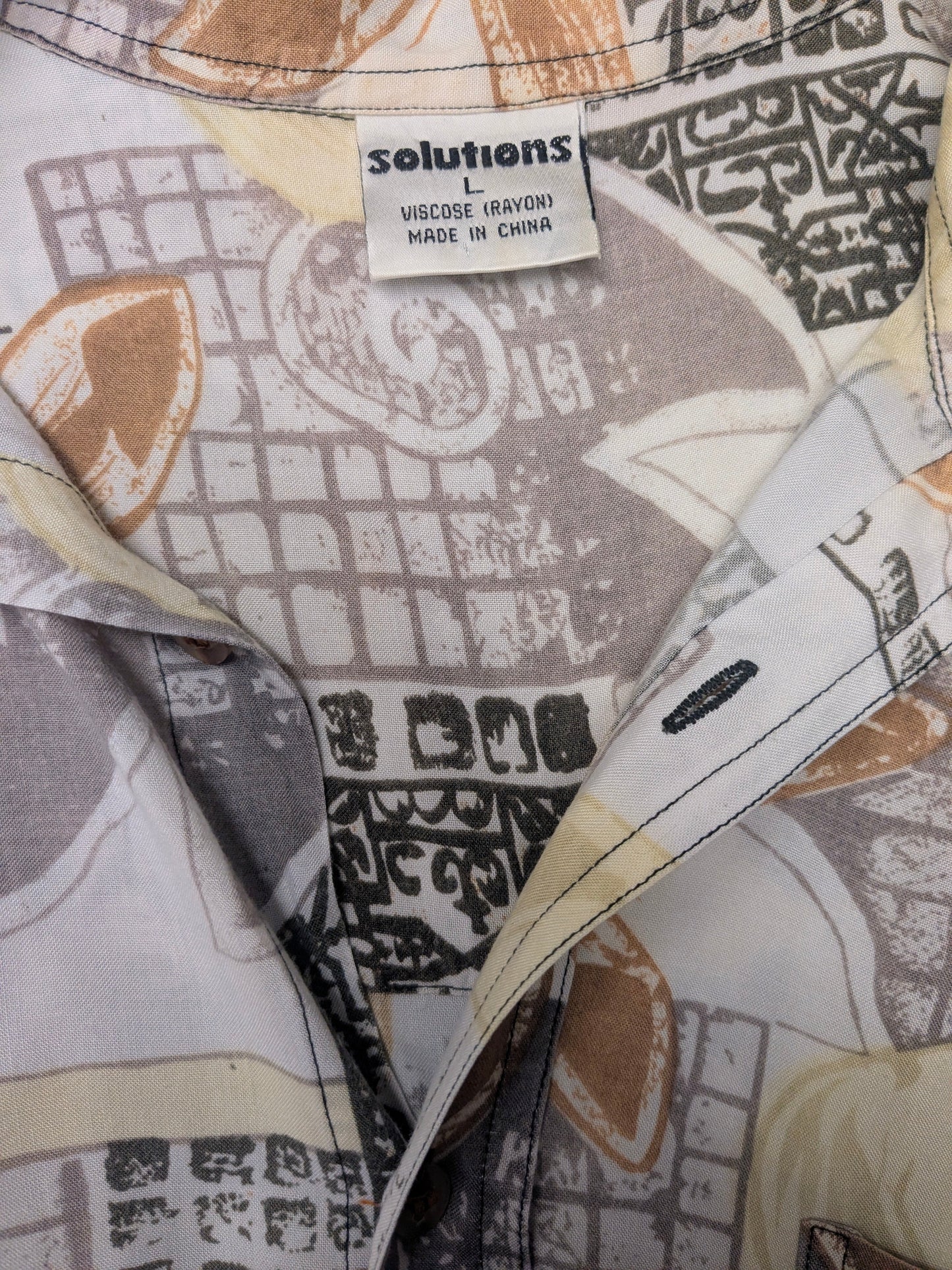 Vintage 80-90's Solutions overhemd korte mouw. Grijs Geel Groen Bruine print. Maat XL.
