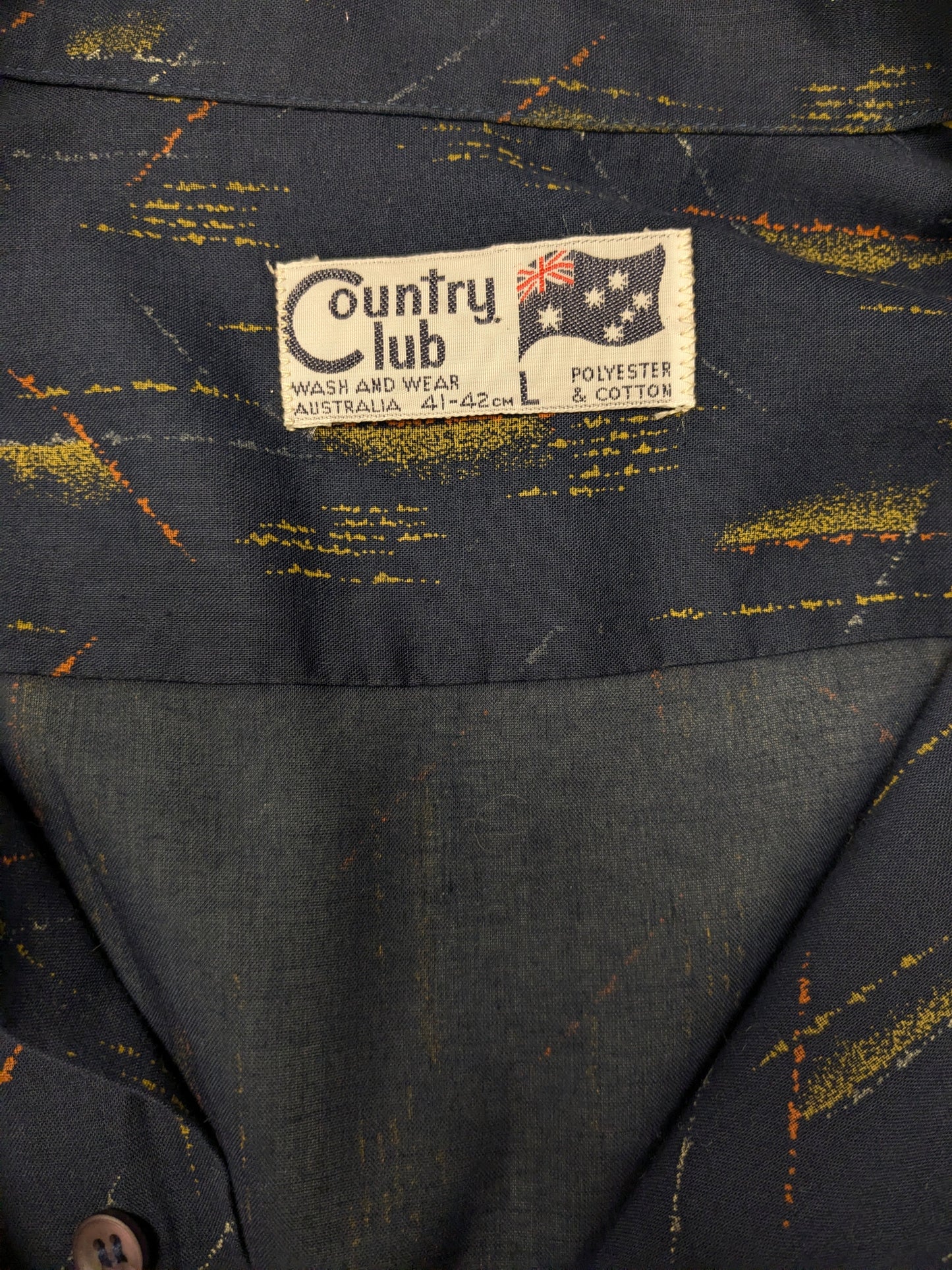 Country Club Vintage overhemd korte mouw. Blauw Groen Rode print. Maat L. licht doorschijnend.