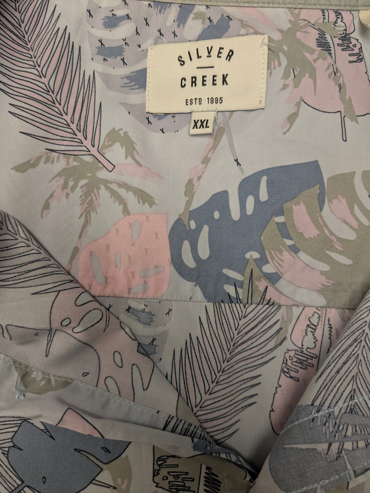 SilverCreek overhemd korte mouw. Licht Blauw Roze Groen blad motief. Maat 2XL / XXL.