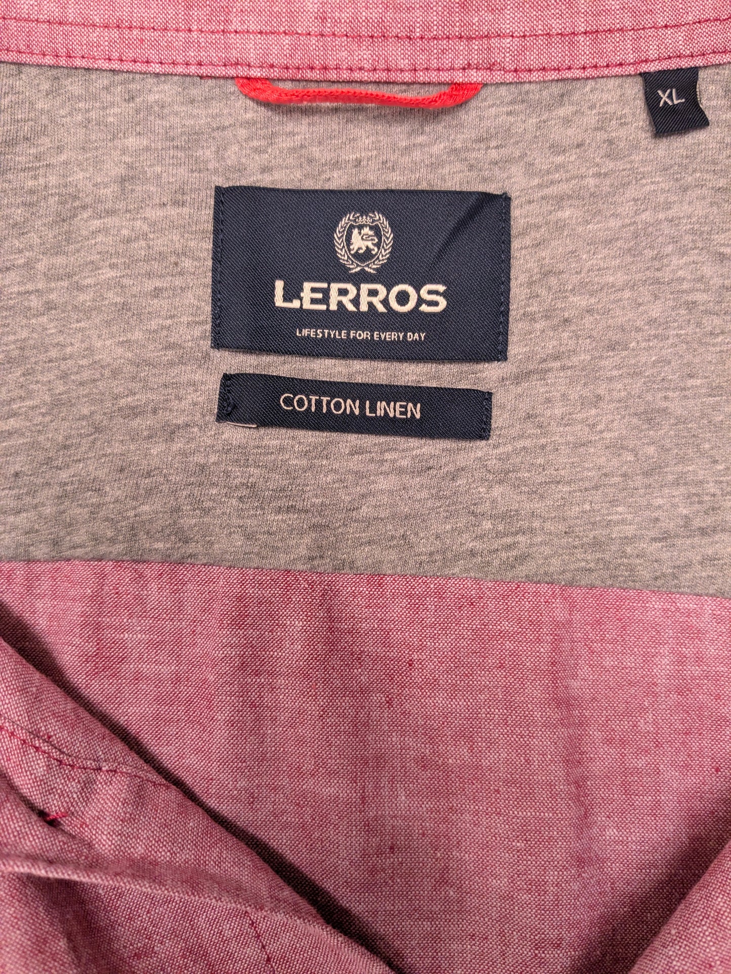 Lerros Katoen Linnen overhemd korte mouw. Rood gemêleerd. Maat XL.