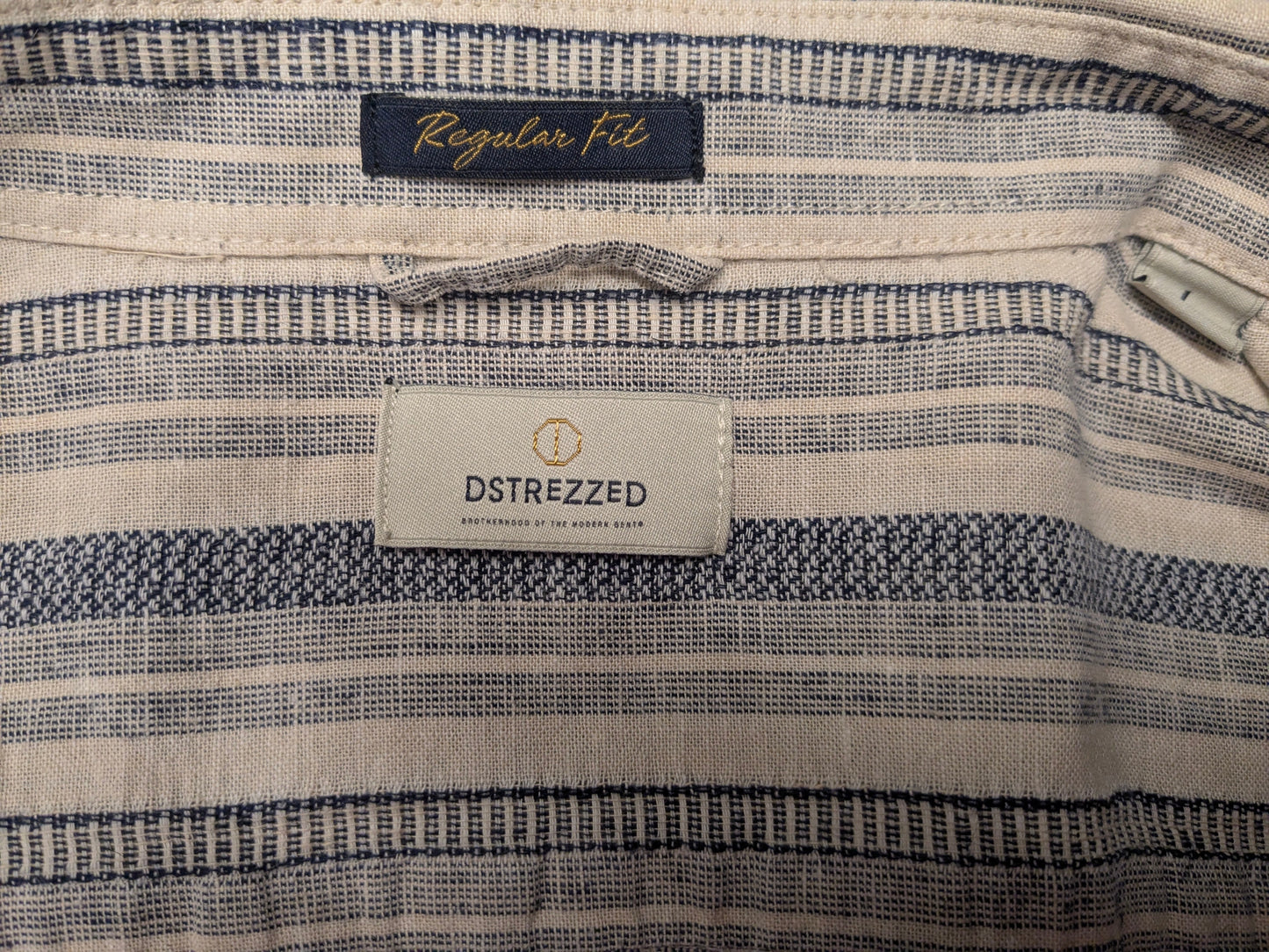 Dstrezzed overhemd. Beige Blauw gestreept. Maat L. regular fit.
