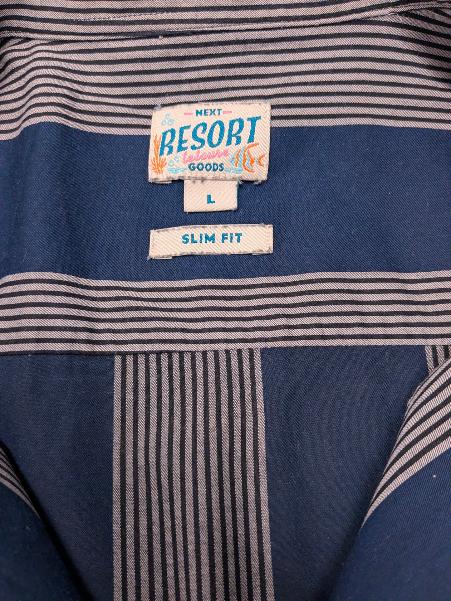 NEXT Resort Leisure overhemd korte mouw. Grijs Blauw gestreept. Maat L. slim fit.
