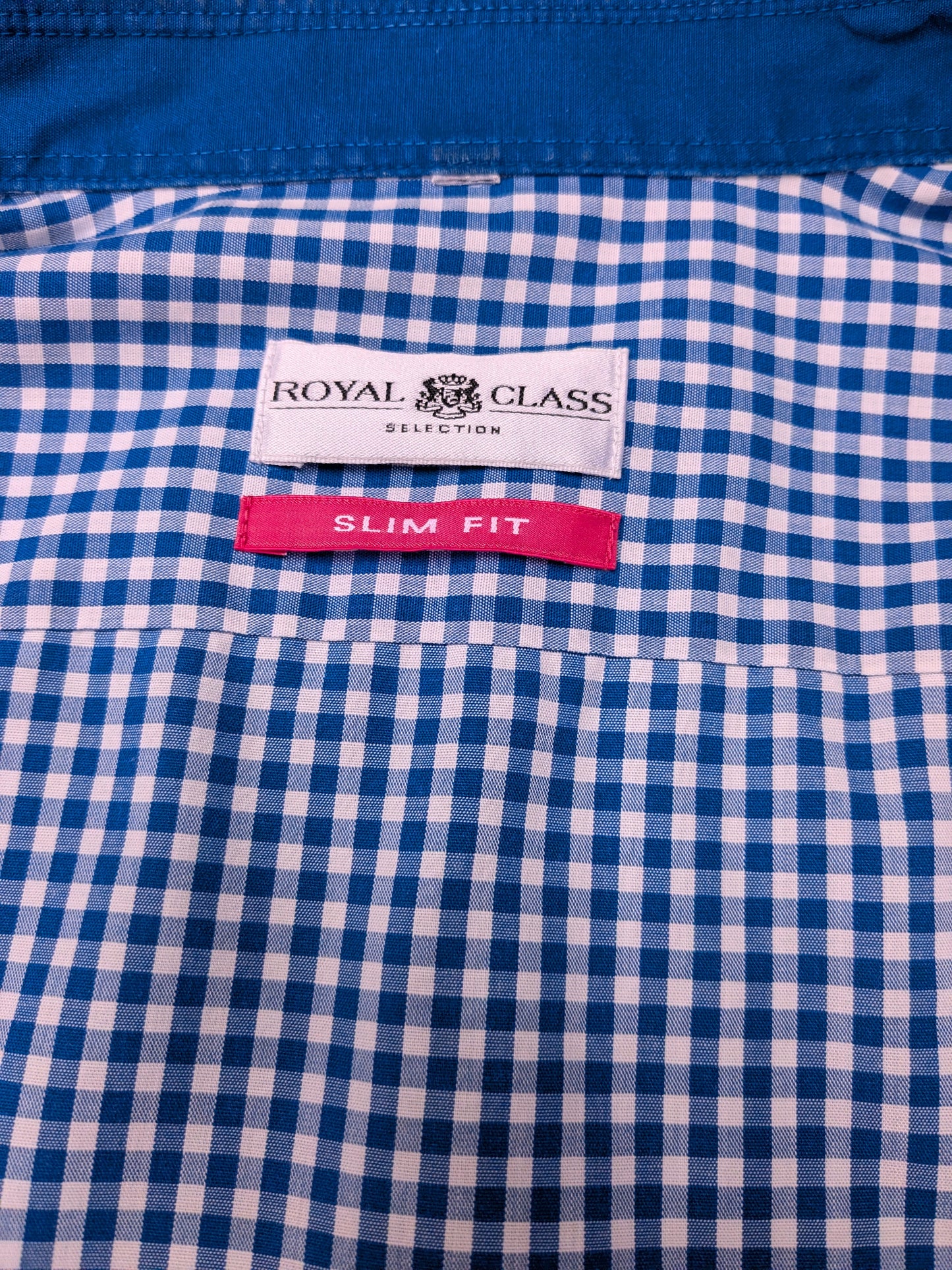 Royal Class overhemd. Blauw Wit geblokt. Maat L. slim fit.