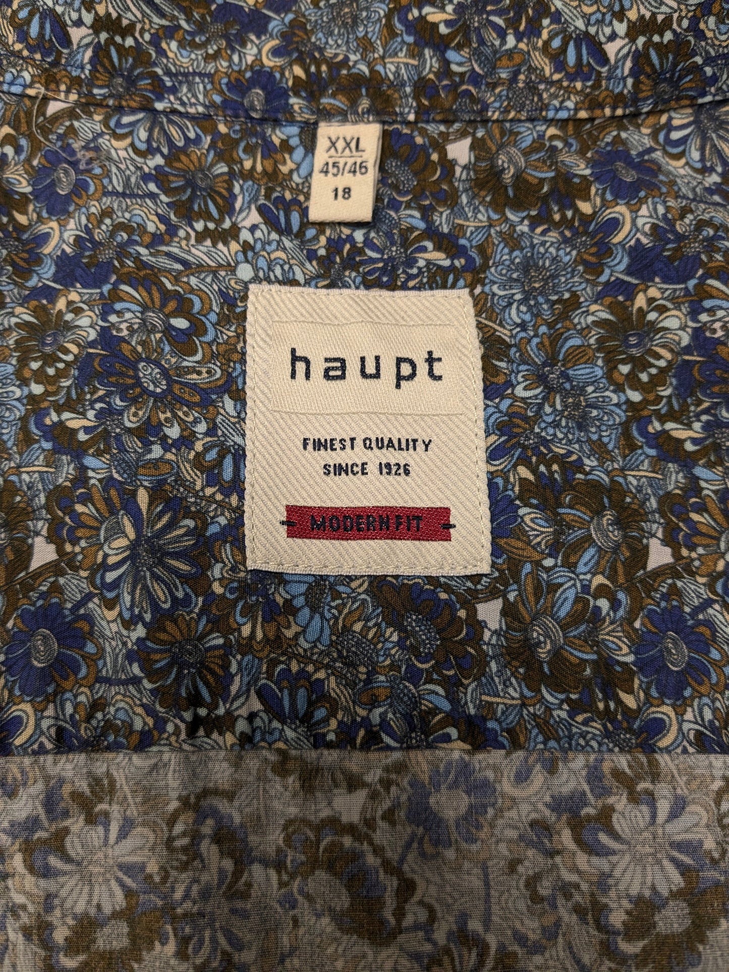 Haupt overhemd. Blauw Bruin Beige Bloemen print. Maat 2XL / XXL.