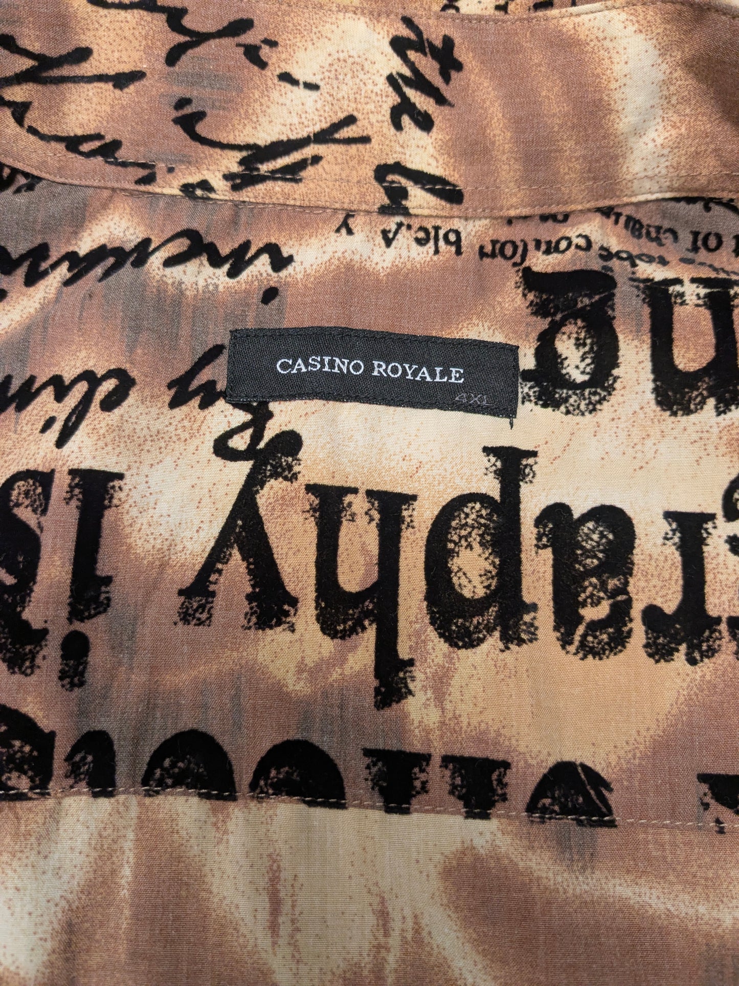 Vintage Casino Royal overhemd. Bruin Beige Zwart Print. Maat XL.