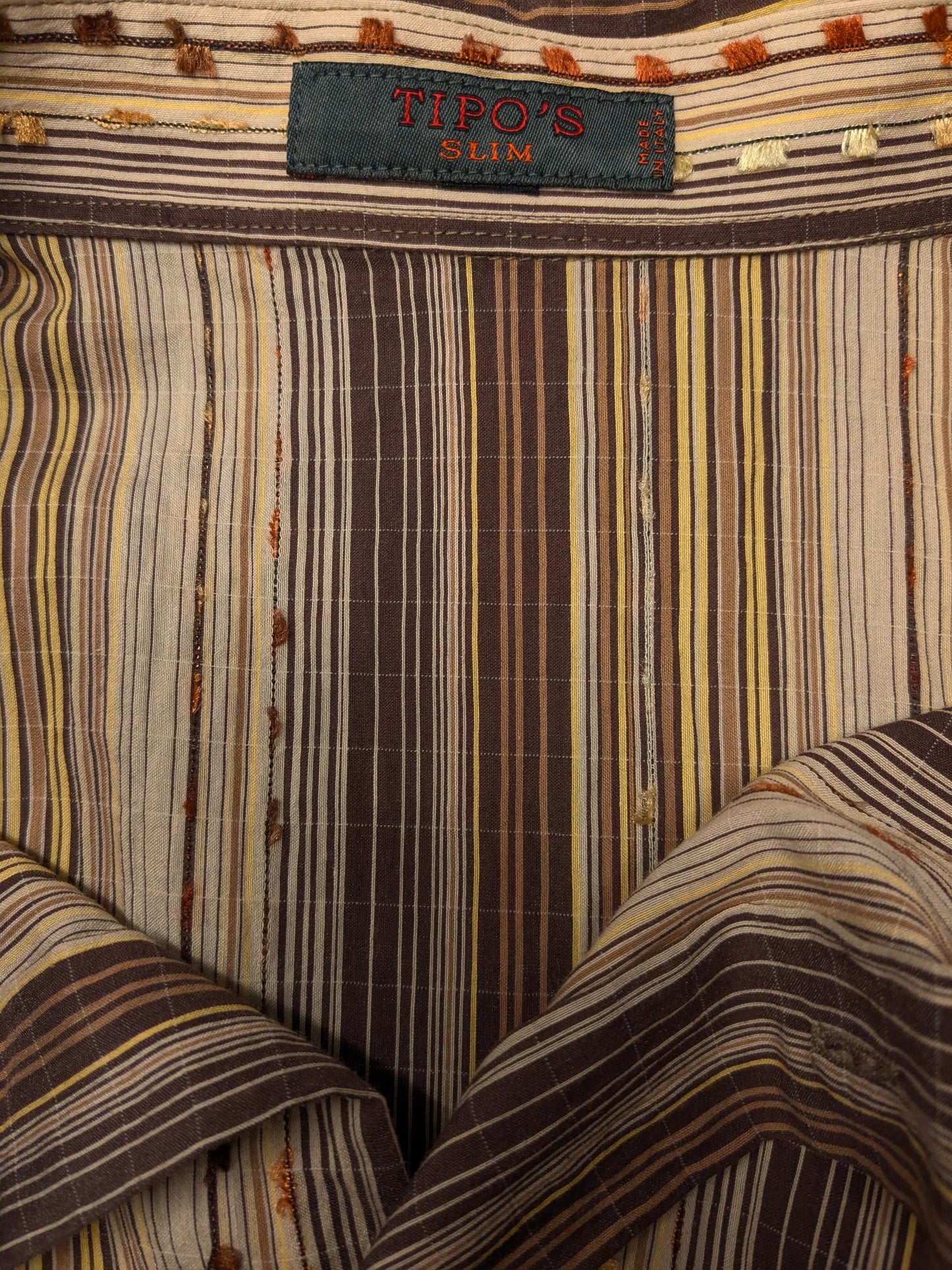 Vintage Tipo's overhemd korte mouw. Bruin Gele print met mini franjes. Maat XL. slim.