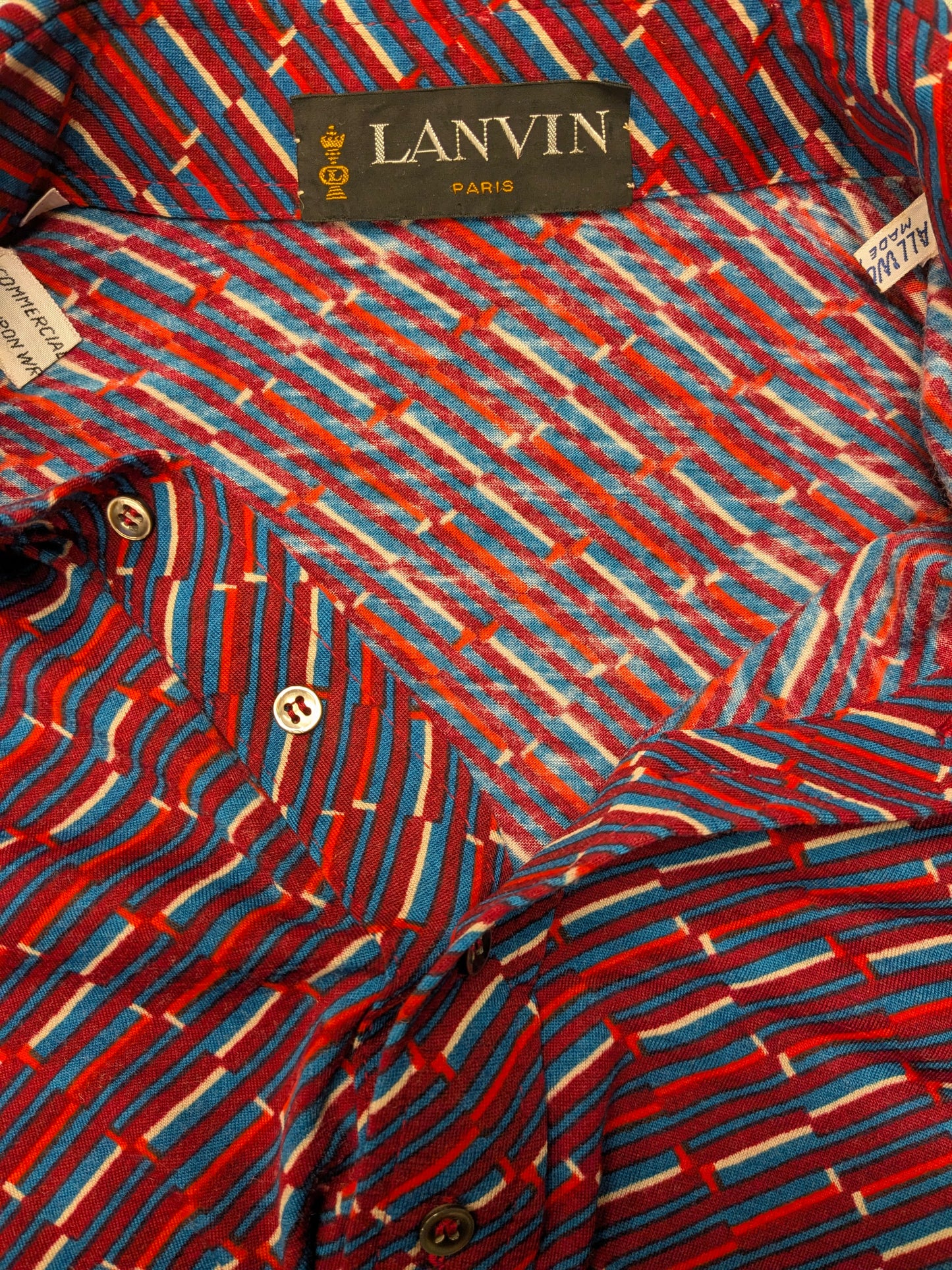 Vintage Lanvin Paris polo trui met puntkraag. Rood Paars Blauw Witte print. Maat L. slim fit. stretch.