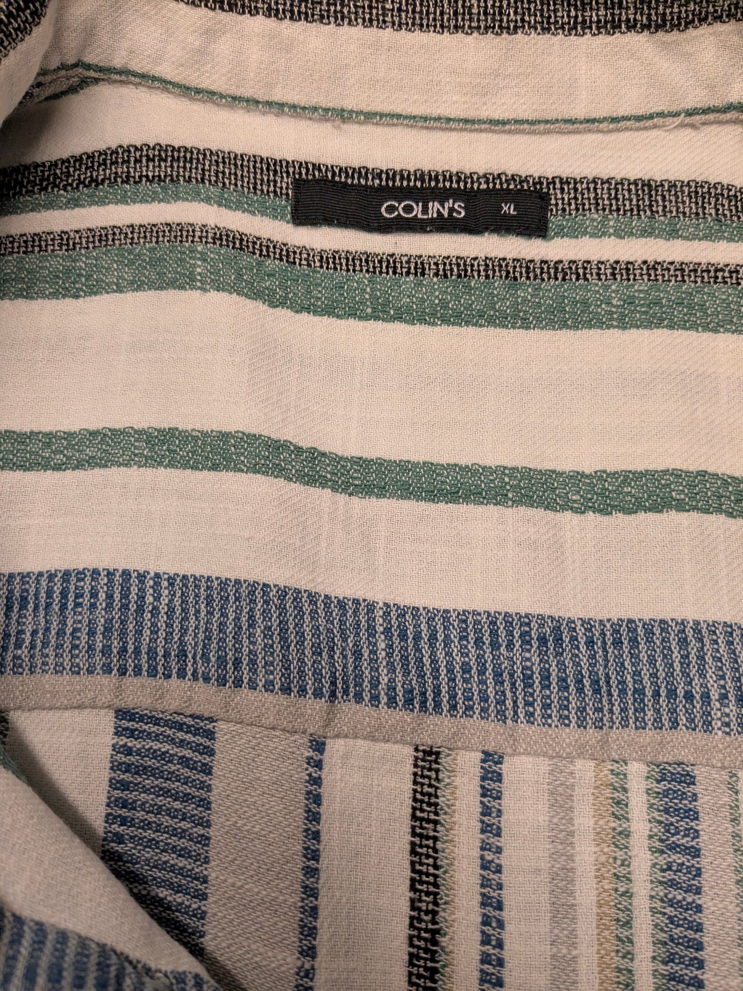 Colin's overhemd korte mouw. dikkere stop. Groen Blauw Beige Zwart gestreept. Maat XL.