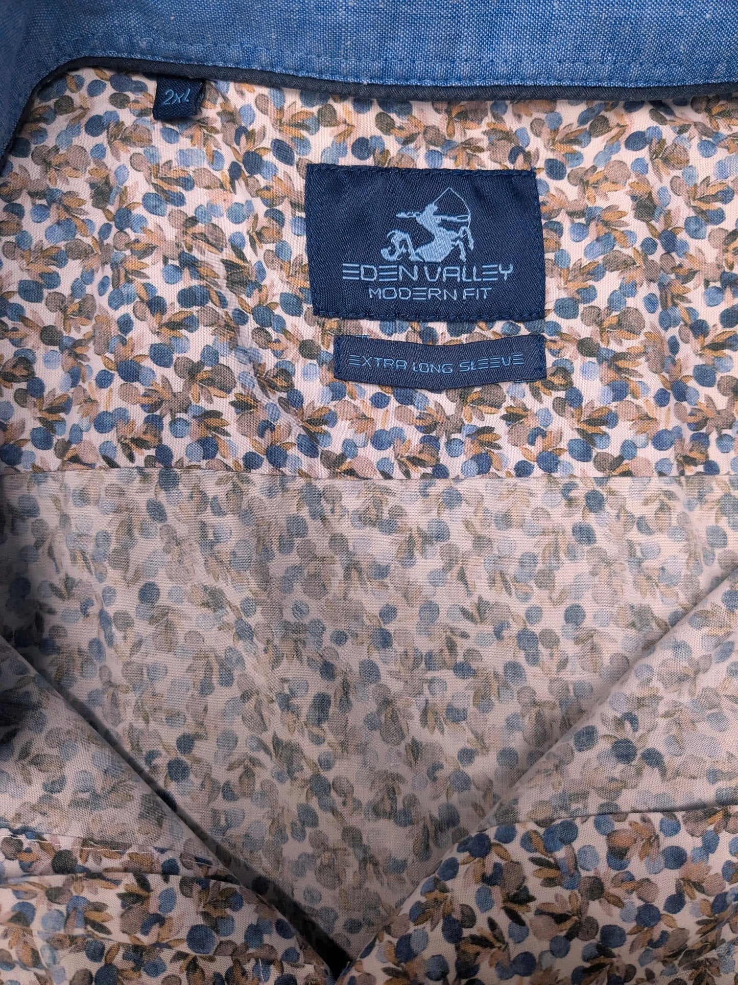 Eden Balley overhemd korte mouw. Bruin Blauwe print. extra lang. Maat 2XL / XXL.