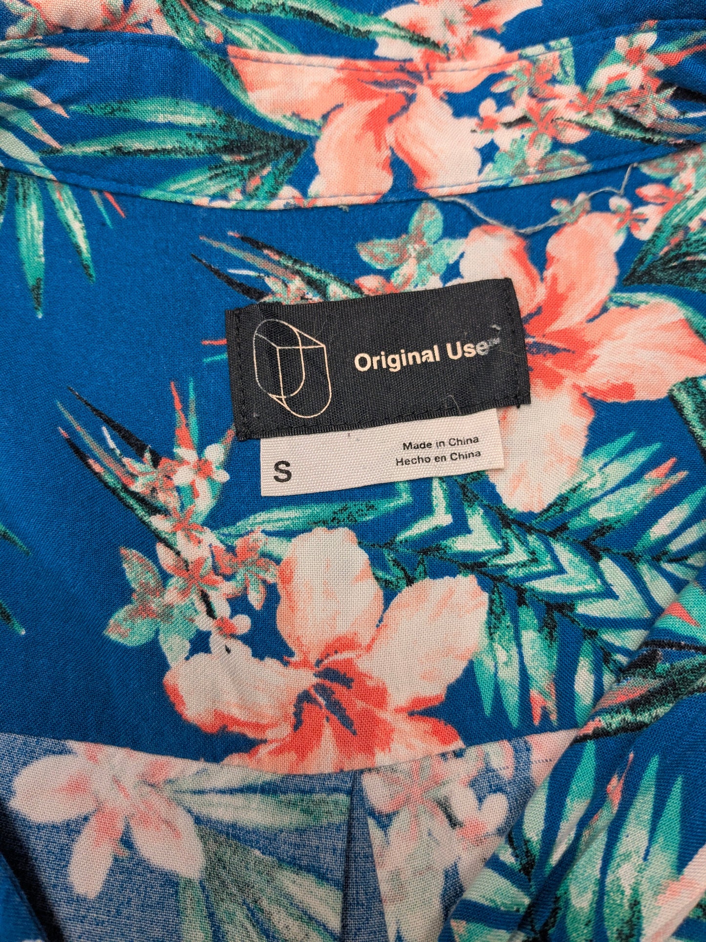 Original Use Hawaii overhemd korte mouw. Blauw Groen Roze print. Maat S.