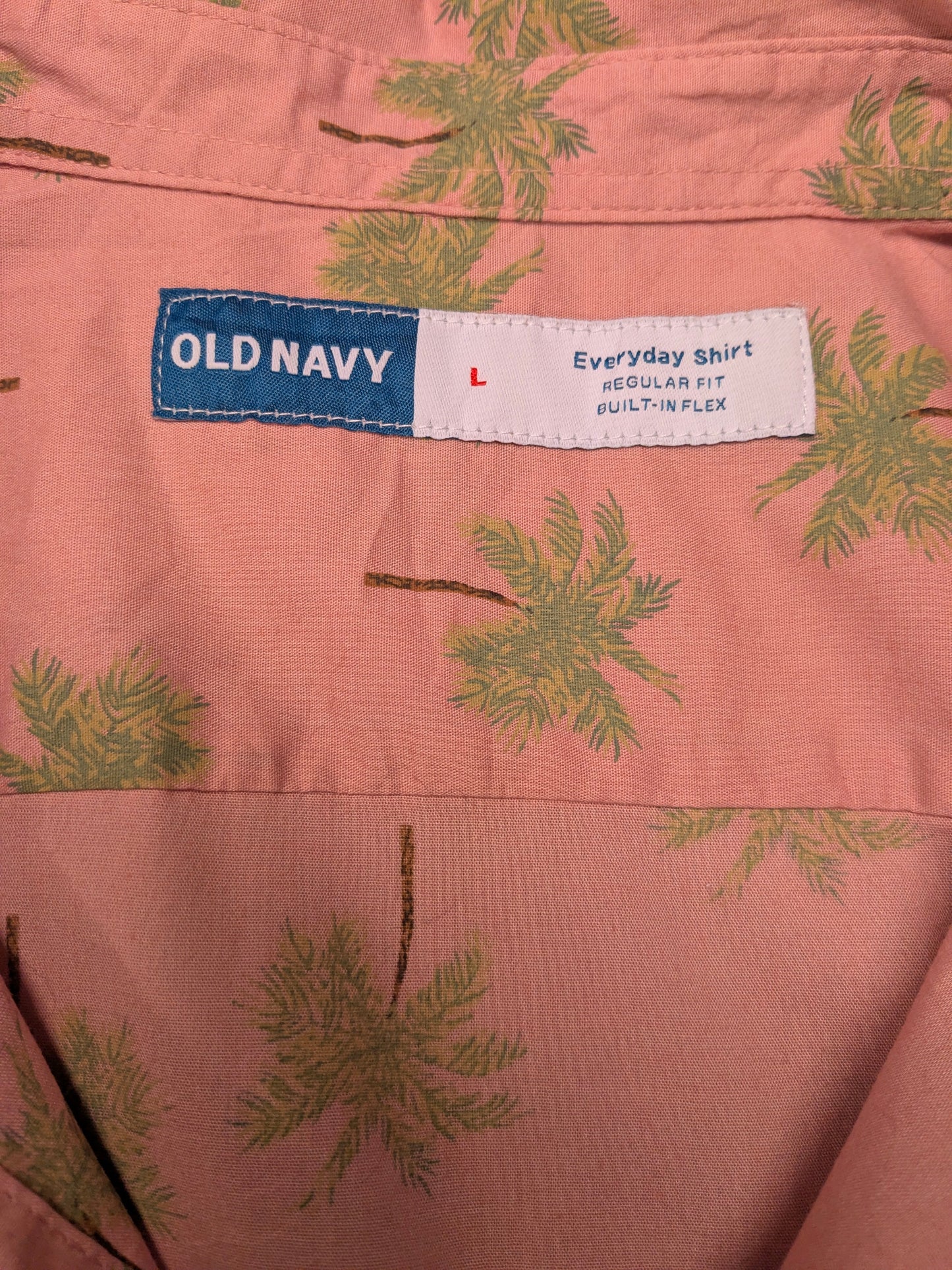 Old Navy Zijden Hawaii overhemd korte mouw. Roze Groene Palmbomen print. Maat L. regular fit.