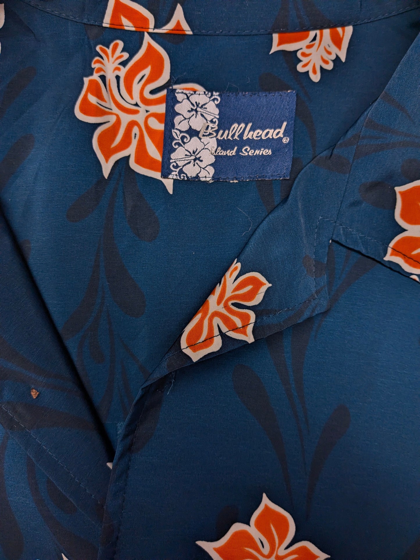 Bullhead Hawaii overhemd korte mouw. Blauw Oranje Witte print. Maat XL.