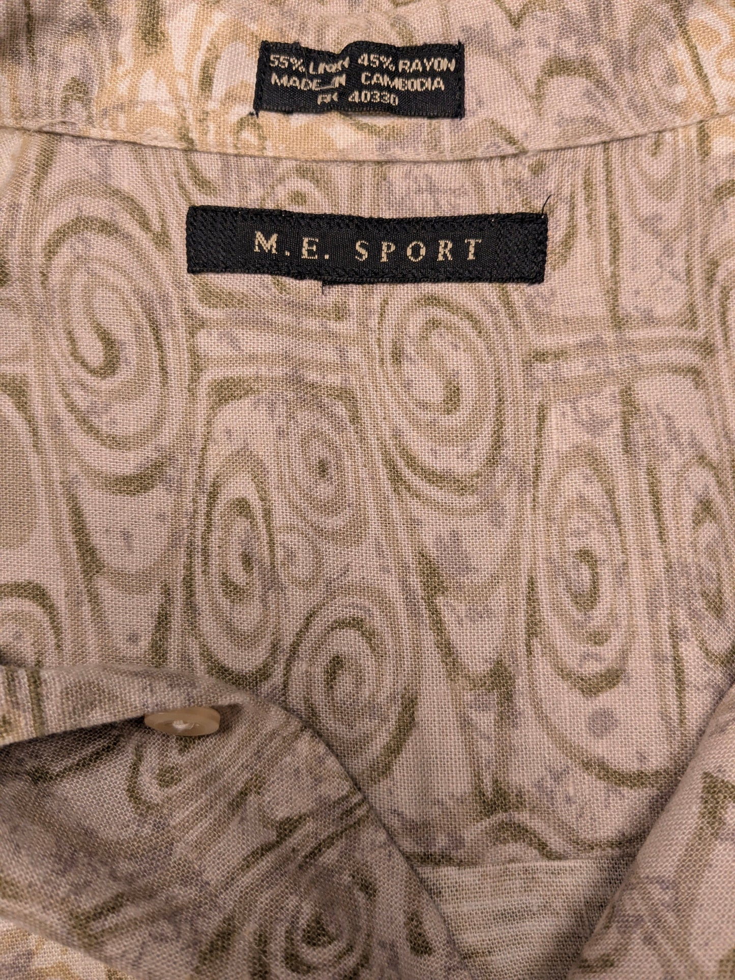 M.E.Sport overhemd korte mouw. Kaki Beige Groene print. Maat L.