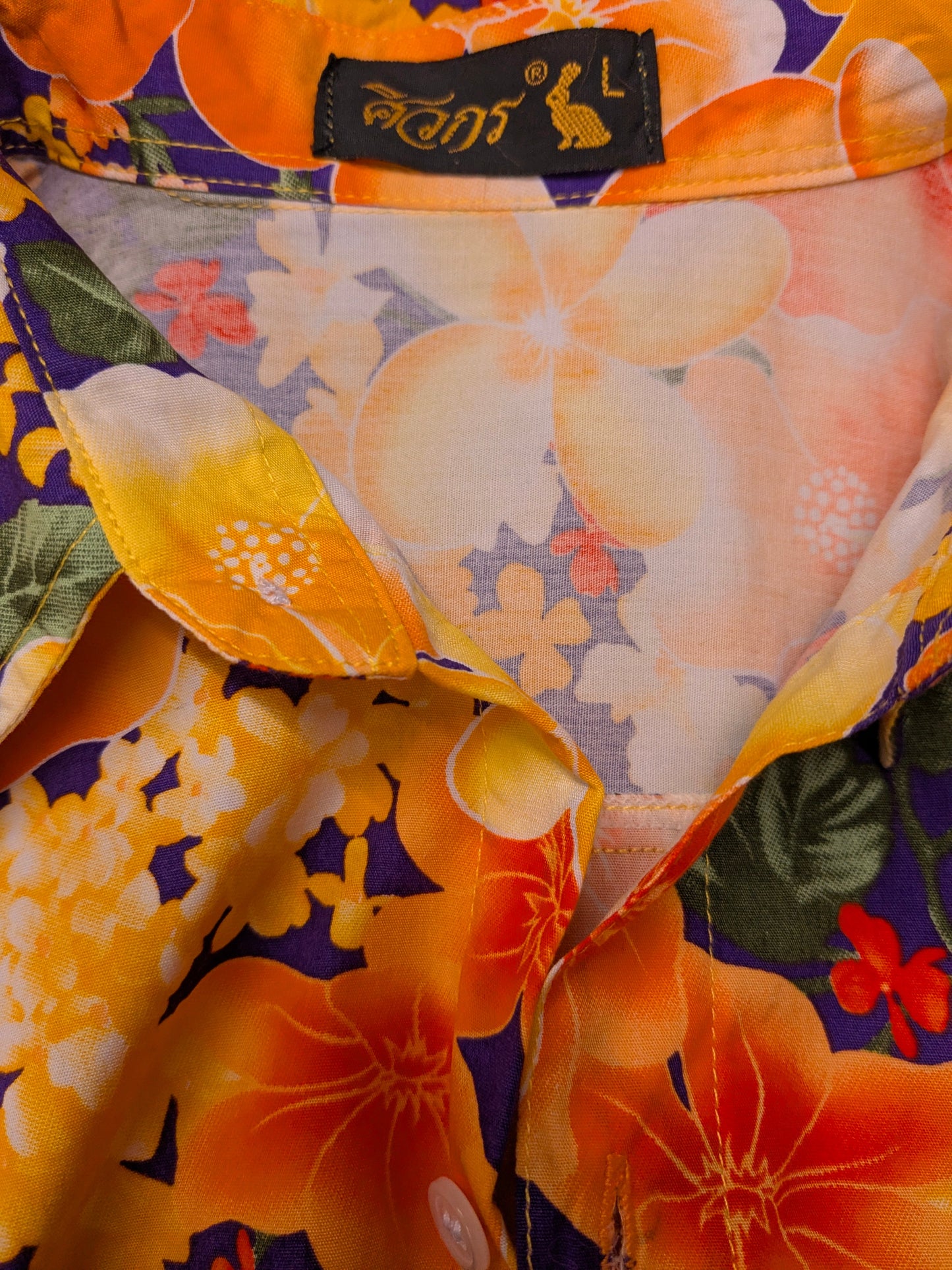 Vintage overhemd korte mouw. Oranje Geel Paars Rode Bloemen print. Maat L #805.