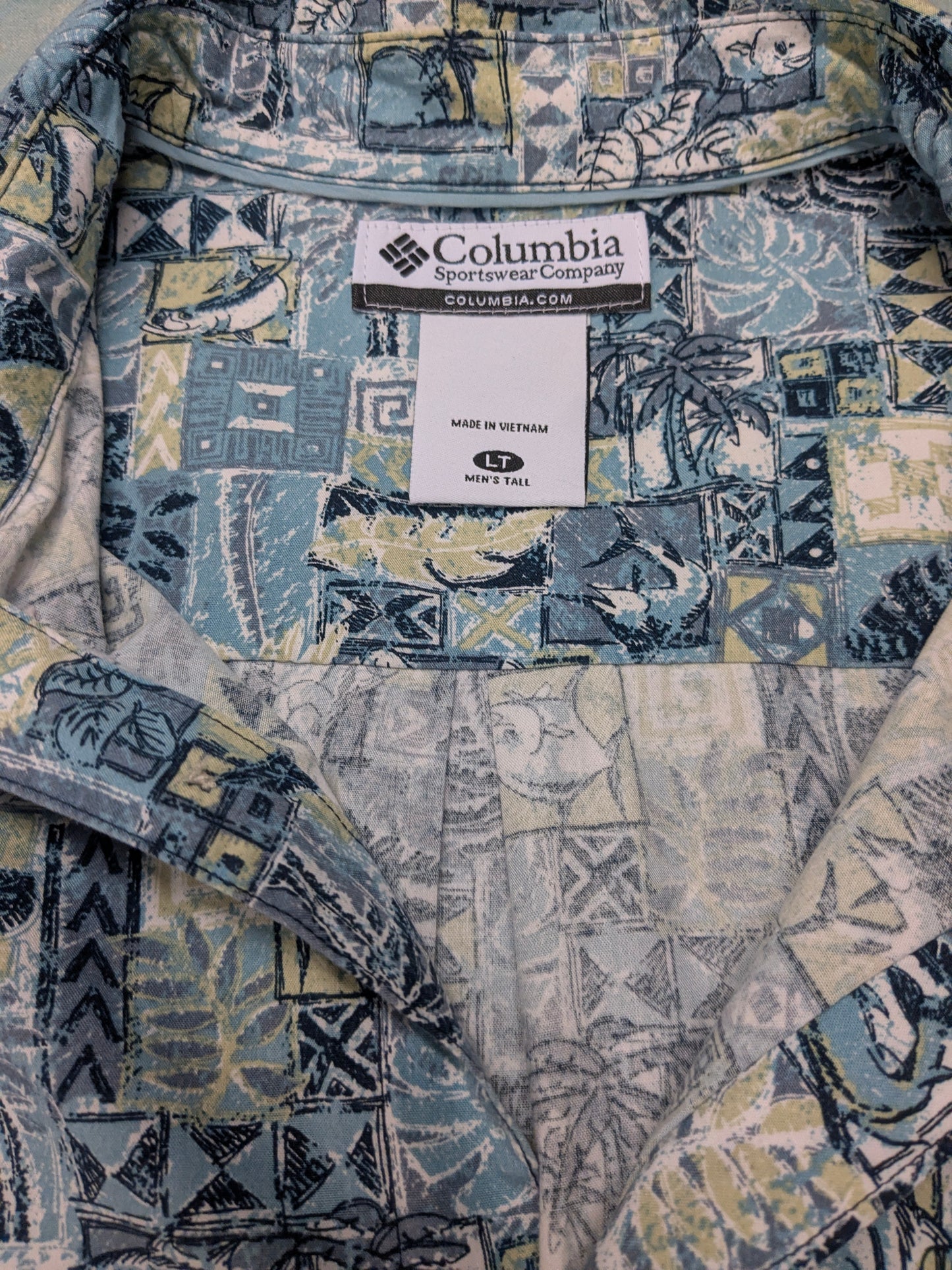 Columbia overhemd korte mouw. Blauw Groene Vissen print. Maat XL.
