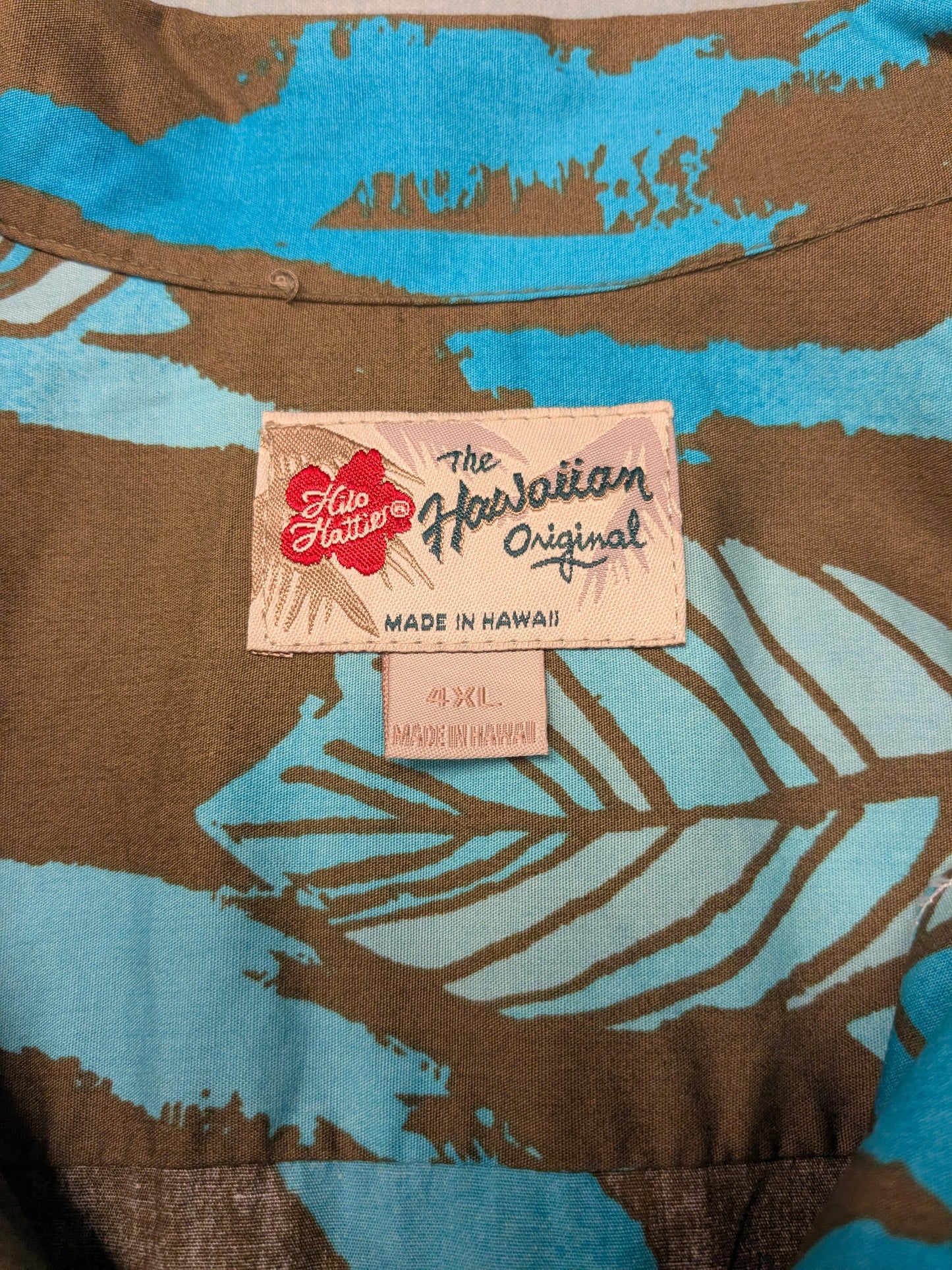 Hillo Hatties original Hawaii overhemd korte mouw. Bruin Blauw print. Maat 4XL / XXXXL.