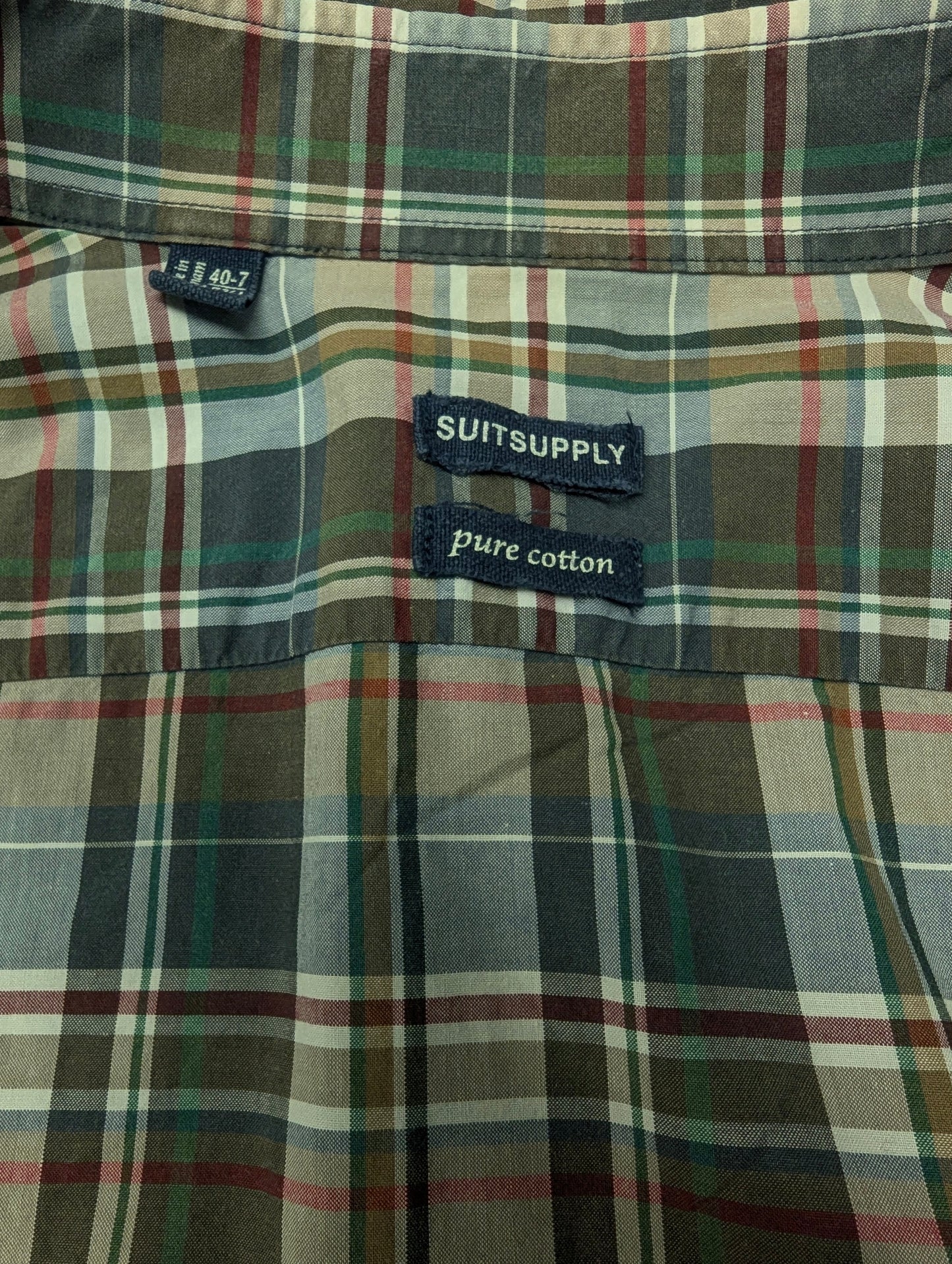 Suitsupply overhemd met korte kraag. Rood Groen Grijs geruit. Maat M.
