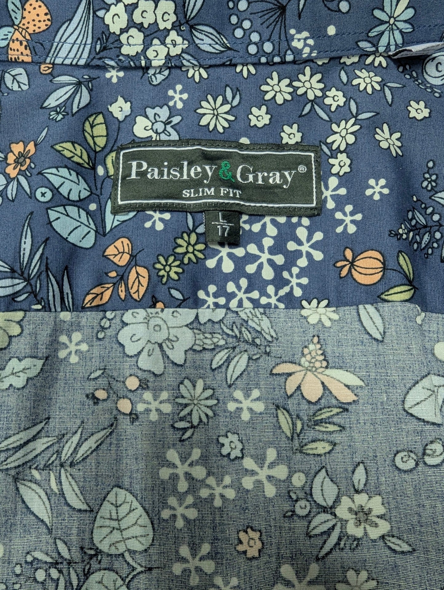 Paisley & Gray overhemd. Blauw Groen Oranje bloemen print. Maat L. slim fit.