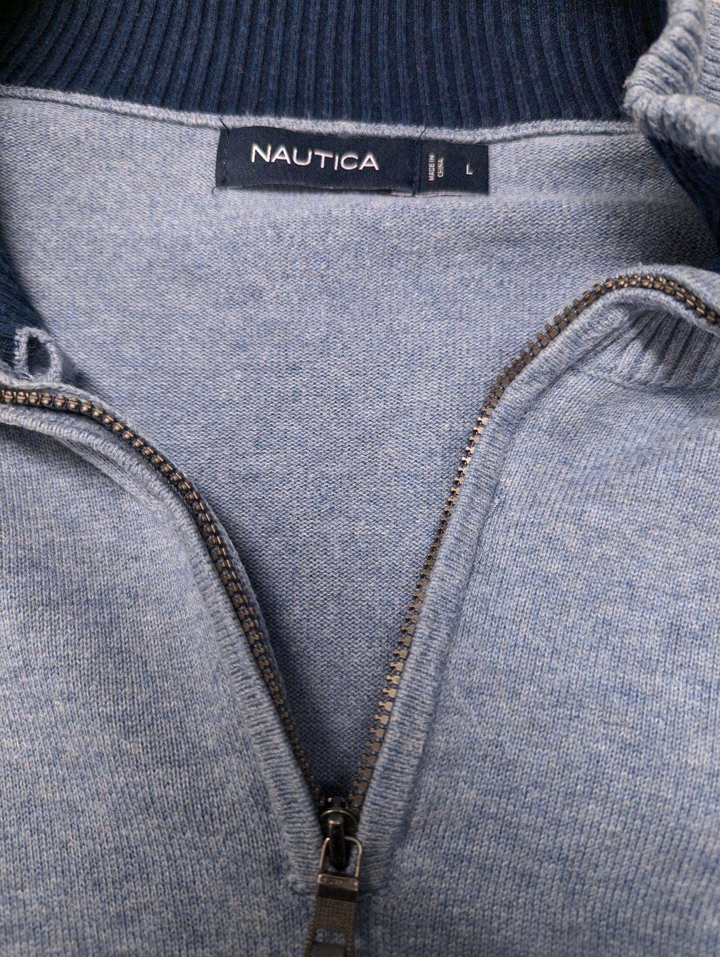Nautica Quarter Zip trui met korte rits. Blauw gemêleerd. Maat L.