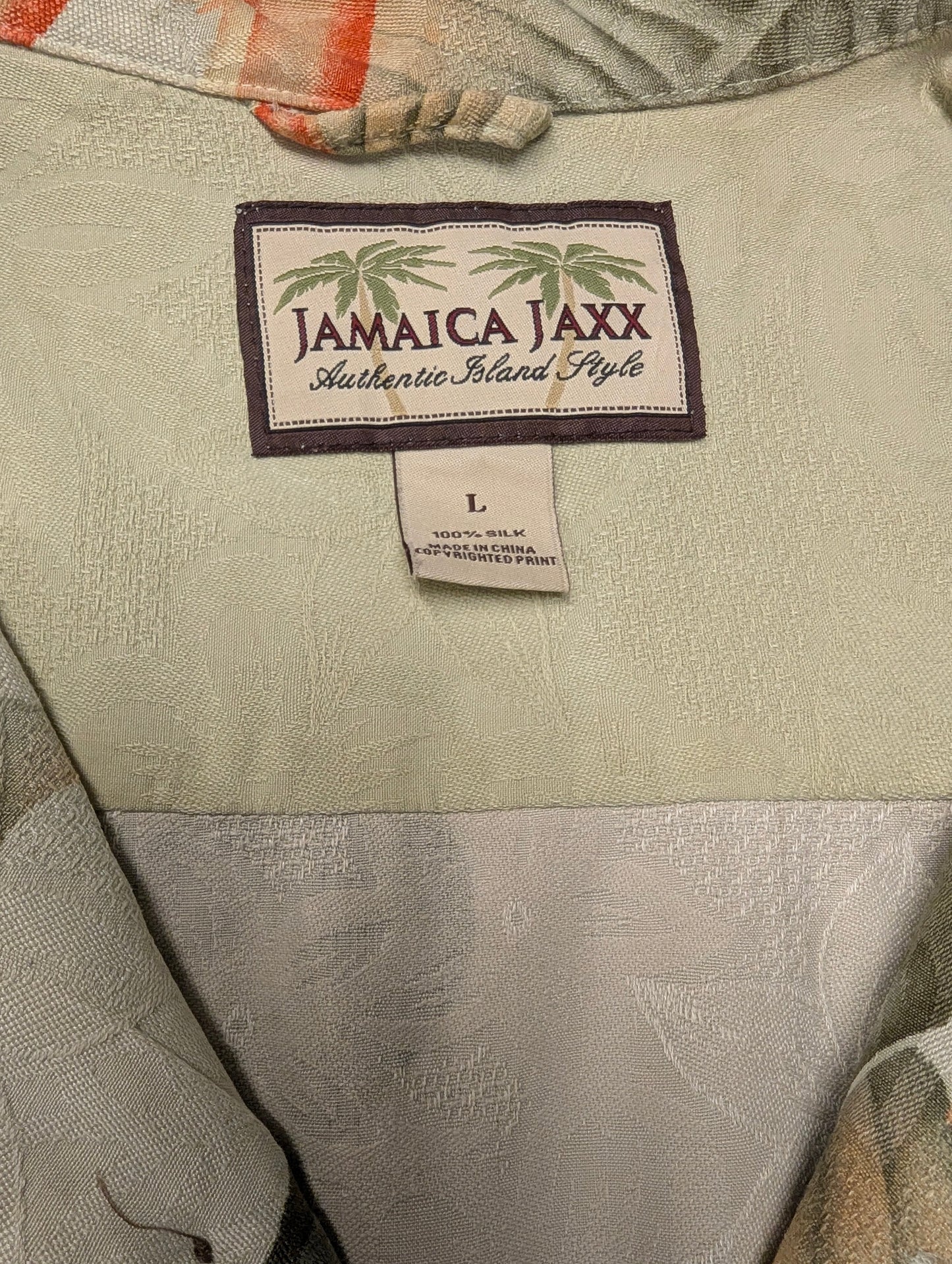 Jamaica Jaxx Zijden Hawaii overhemd korte mouw. Groen Oranje print. Maat L / XL.