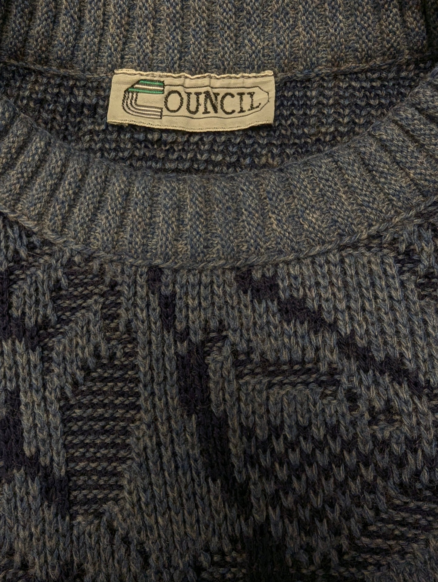 Vintage Council trui met mohair – blauw/grijs motief – maat L