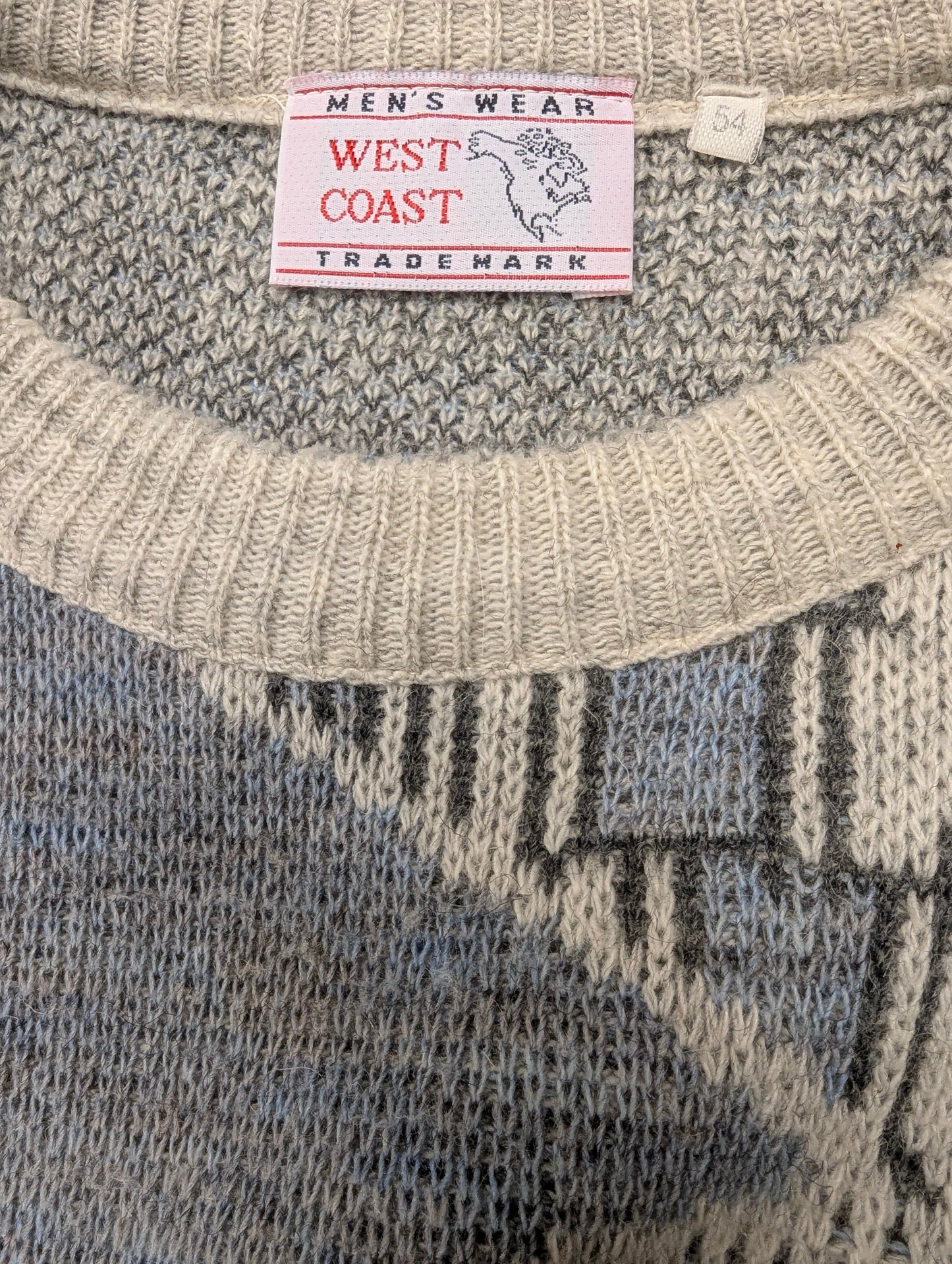 Vintage West Coast wollen trui – grijs/groen/beige/paars motief – maat L