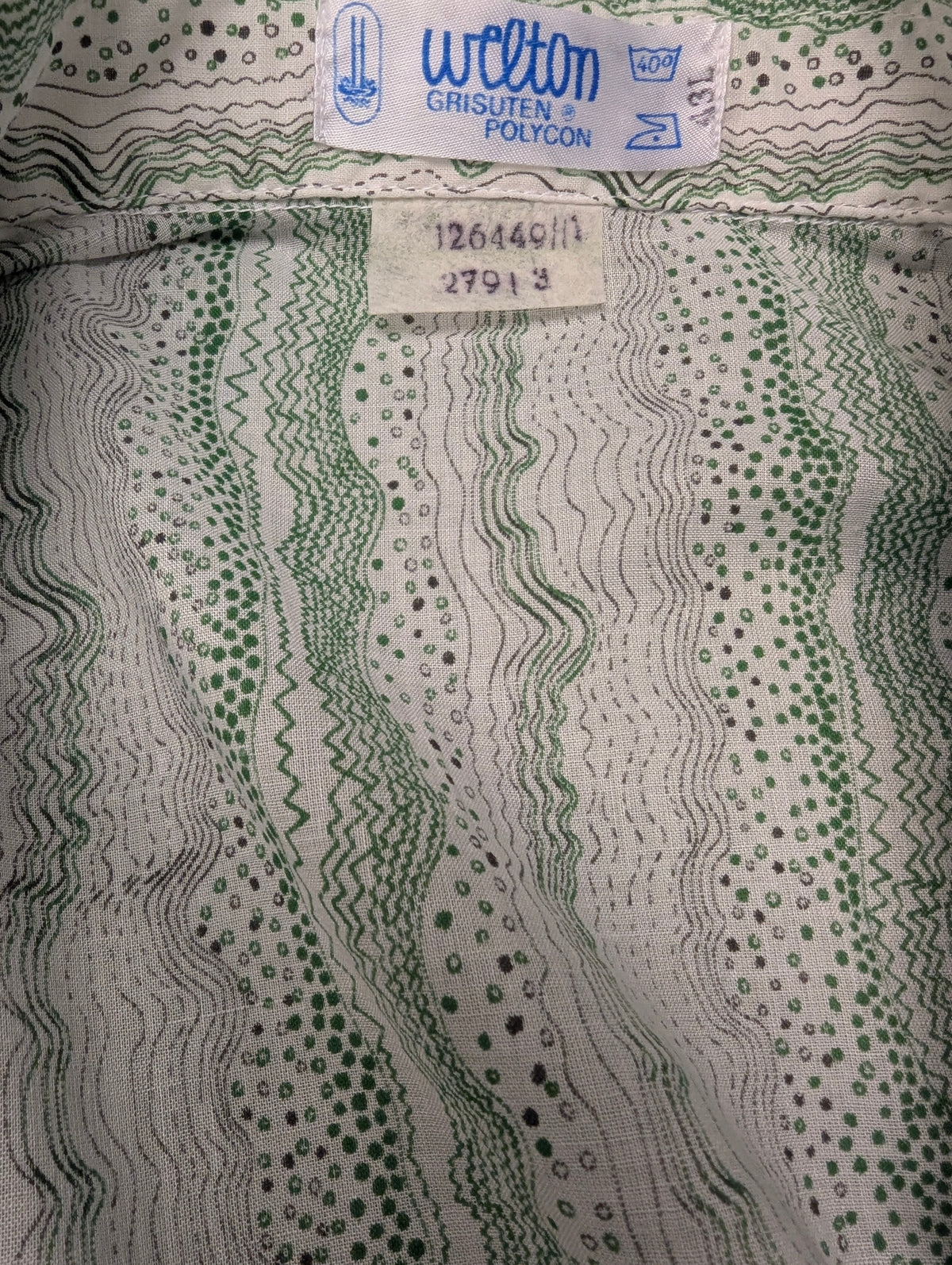 Vintage 70's Welton overhemd met puntkraag en luchtige dunne stof. Groen Wit Zwarte print. Maat L.