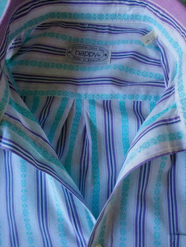 Vintage overhemd korte mouwen. Paars Wit Groen. Polo kraag. Maat XXL/ 2XL