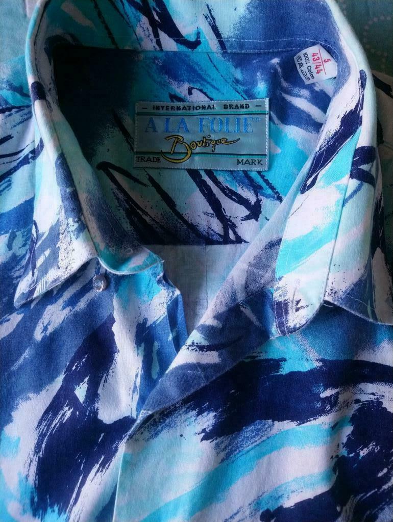 Camisa de la vendimia con mangas cortas. Azul blanco. † Tamaño XL