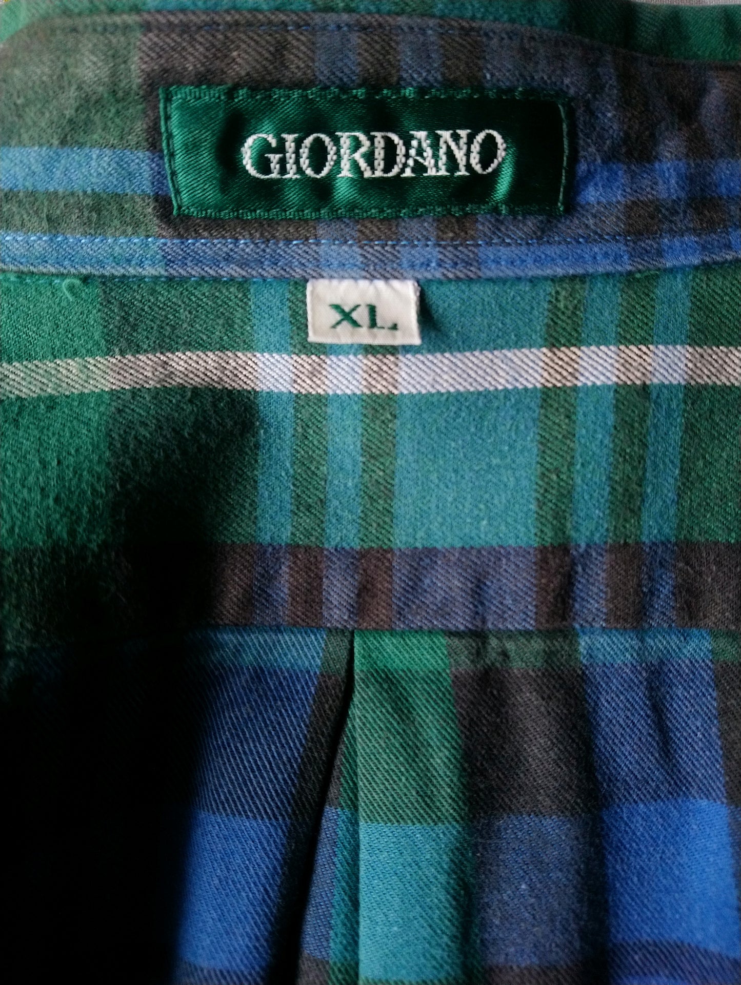 Vintage Giordano overhemd. Groen Blauw Zwart geruit. Maat XL. Dikkere stof.