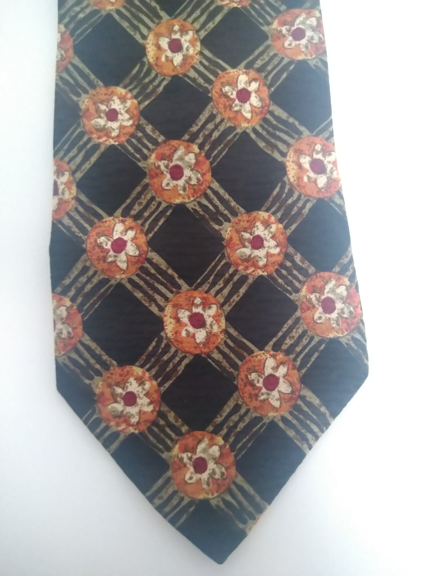 Vintage stropdas. Zwart oranje rood motief, Zijde