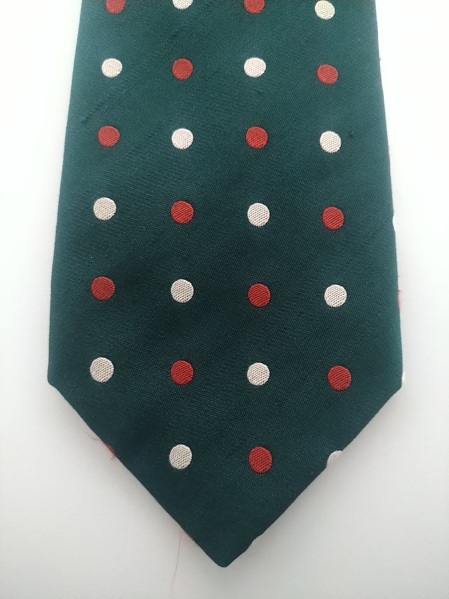 Cravatta Sartoria Rossi. Verde con punti bianchi rossi. Seta