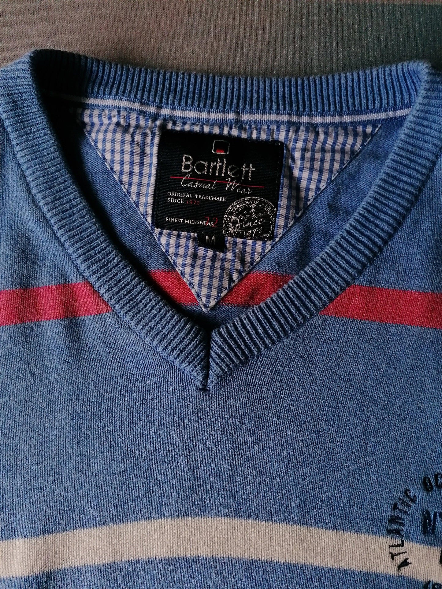 Bartlett trui met V-hals. Blauw Roze Wit gekleurd. Maat M. - EcoGents