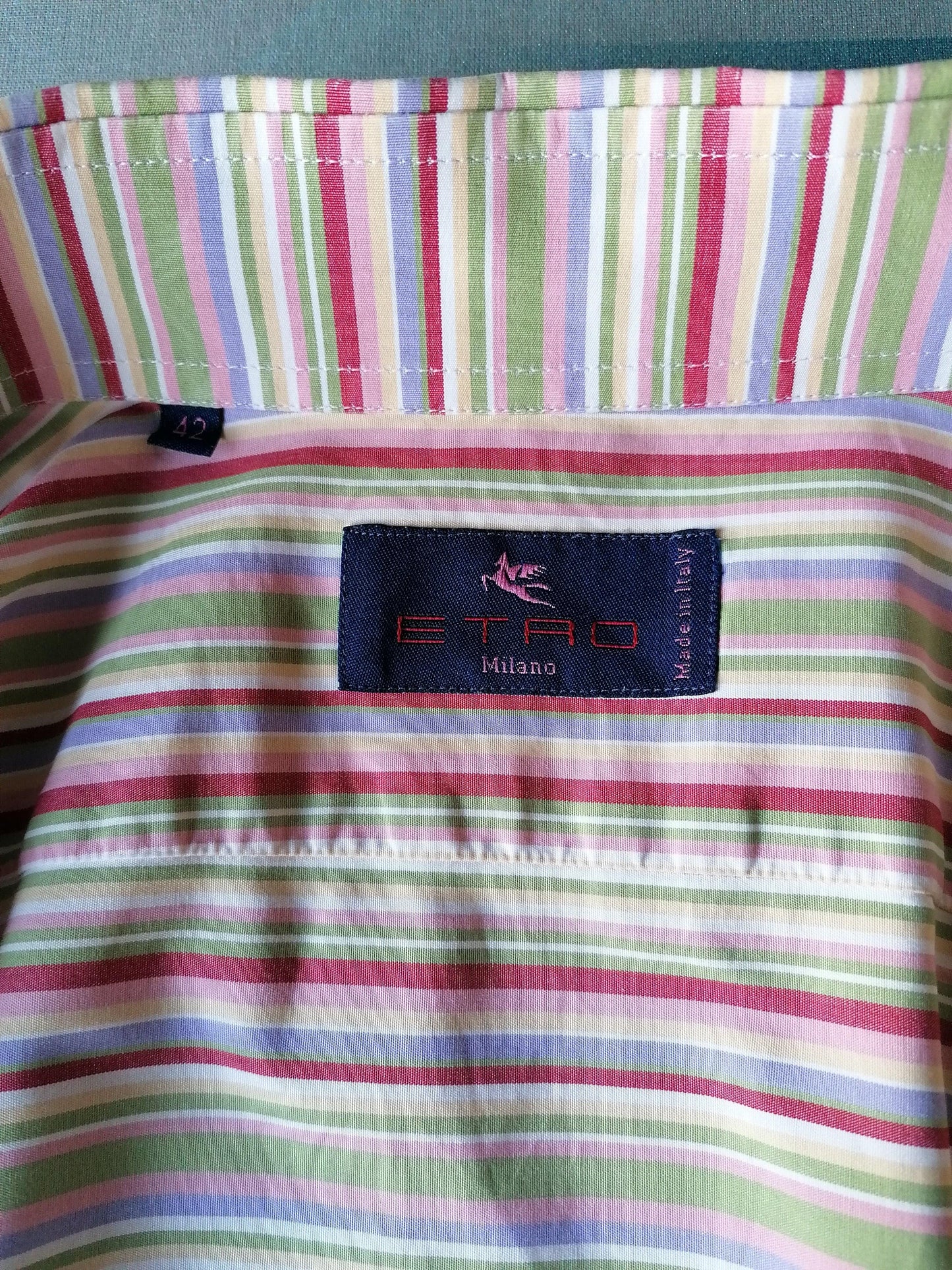 B keus: Etro Milano overhemd. Roze Paars Groen Blauw gestreept. Maat 42/ L. vlekje - EcoGents