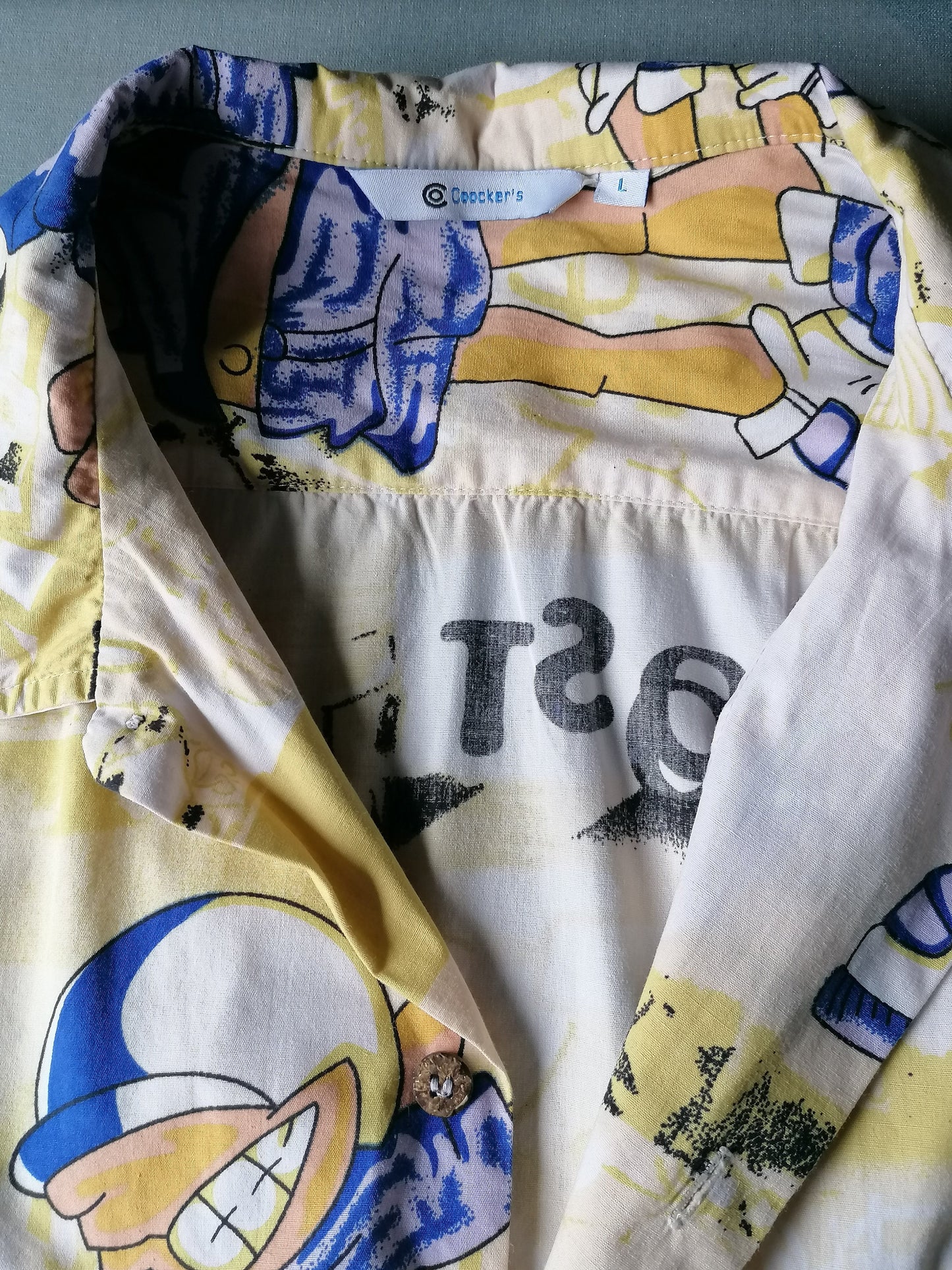 Vintage Coockers overhemd korte mouw. Geel Blauw print. Maat L.