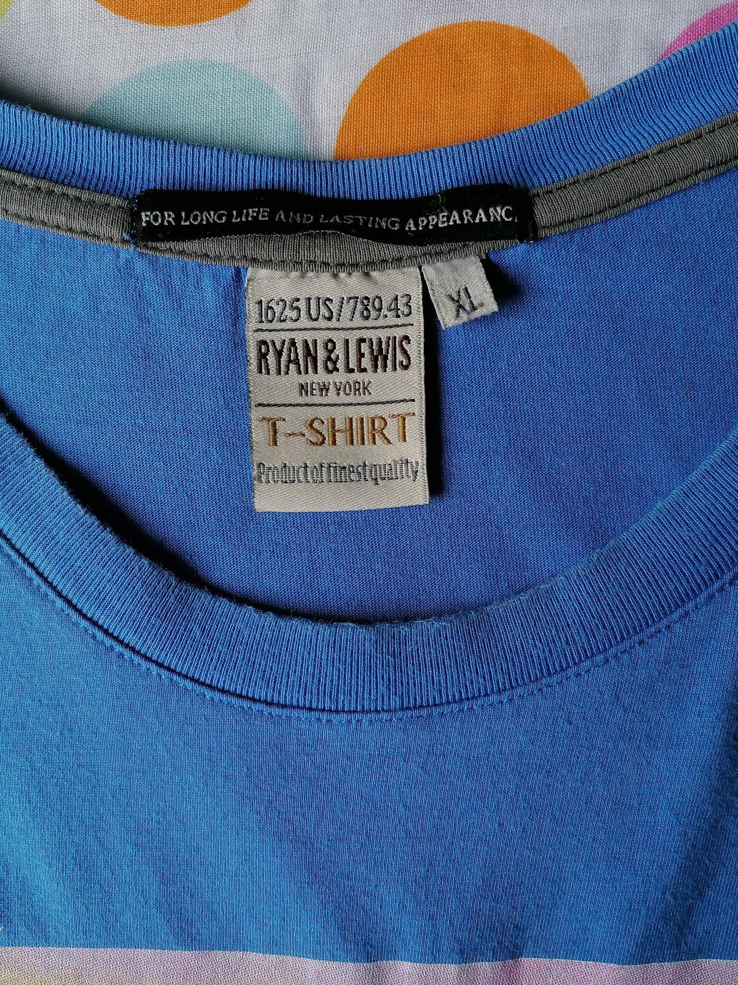 Ryan & Lewis shirt. Blue with print. Size XL.